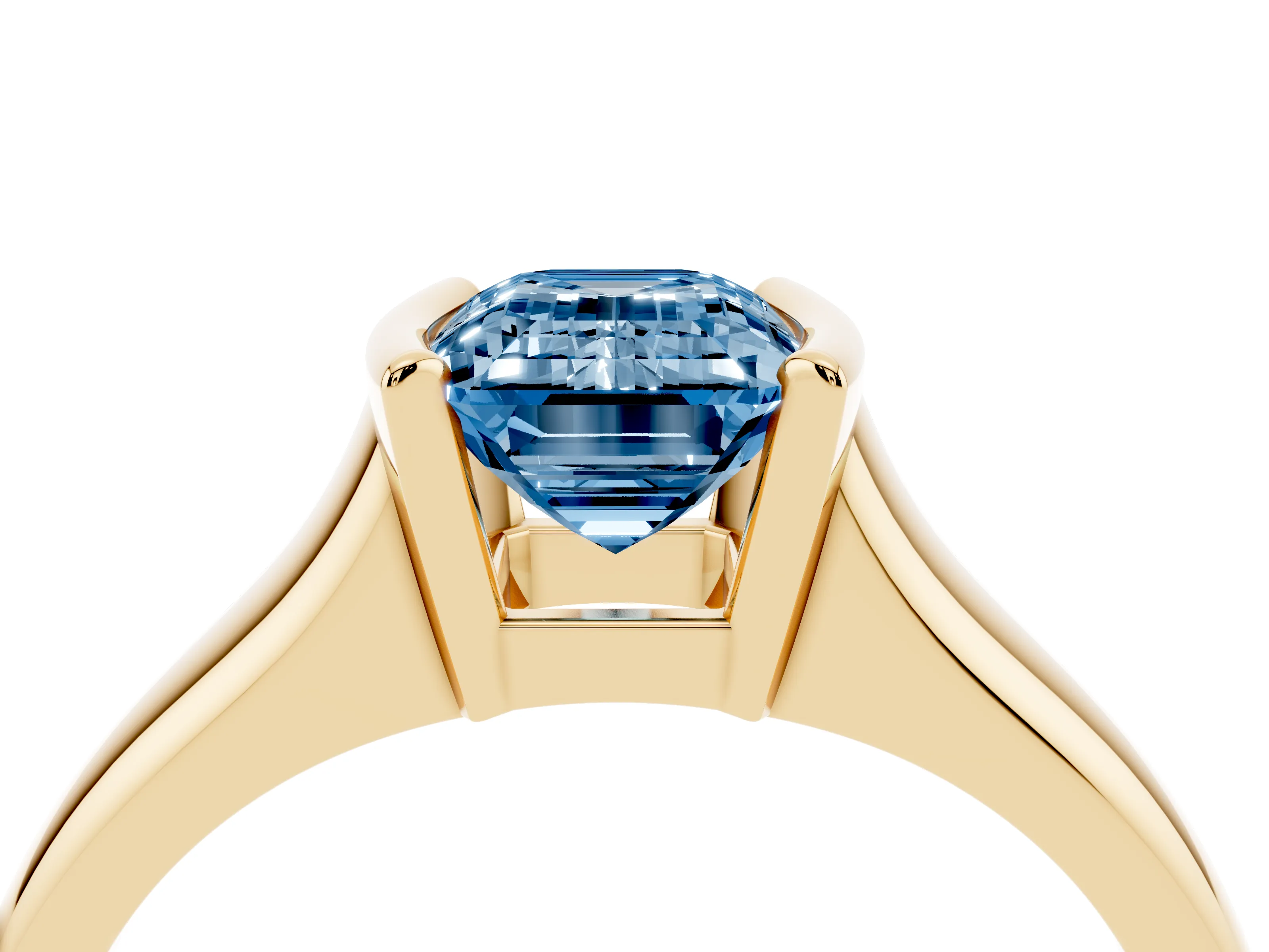 Fancy Blue Emerald Cut Diamond Solitaire Tension Set Ring Set in Yellow gold with Split Shank Band