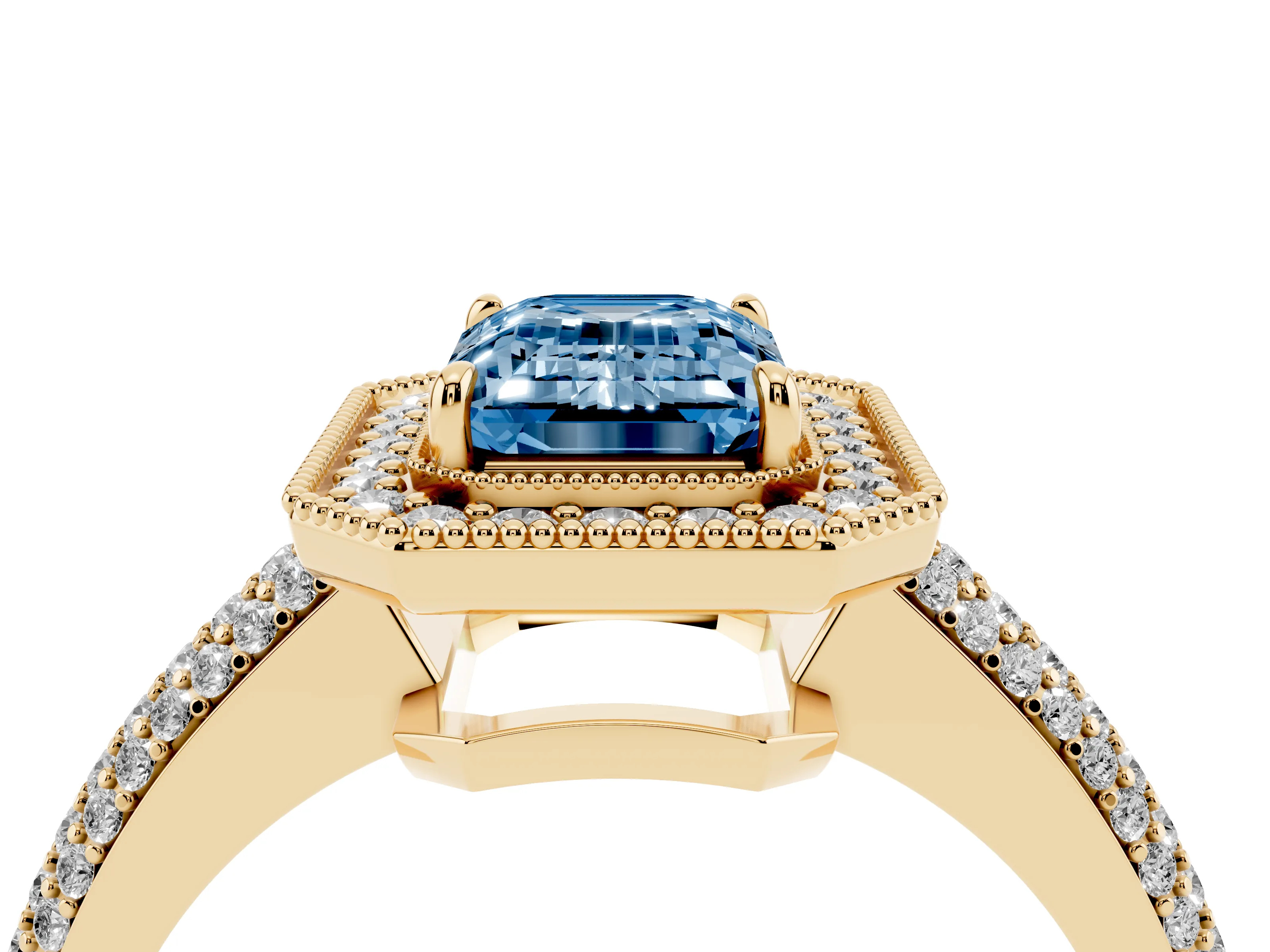 Fancy Blue Emerald Cut Diamond Halo Pavé Band Set in Yellow gold with Prong Setting
