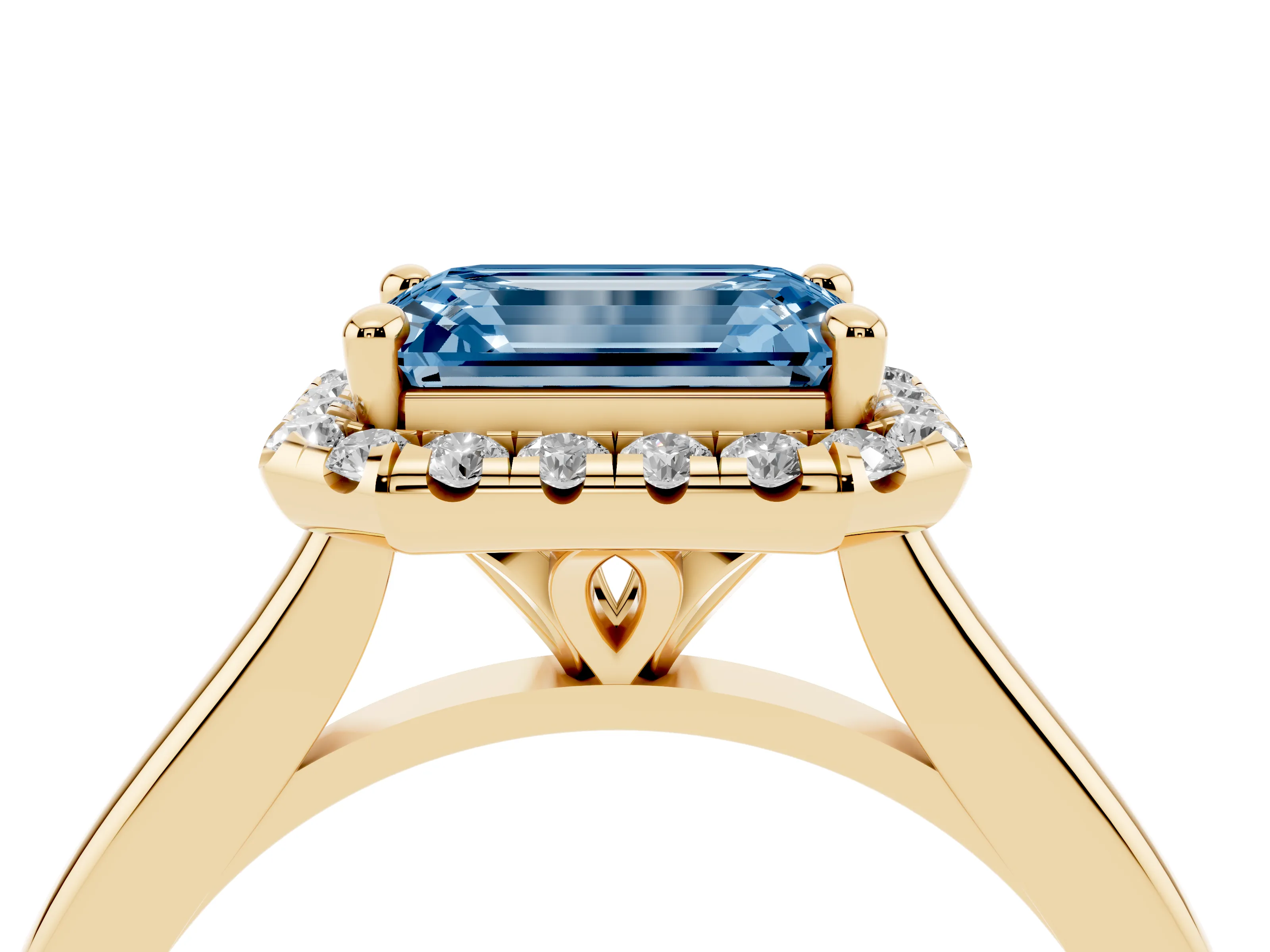 Fancy Blue Emerald Cut Diamond Halo Engagement Ring Set in Yellow gold with Pavé Band and Rising Shoulders