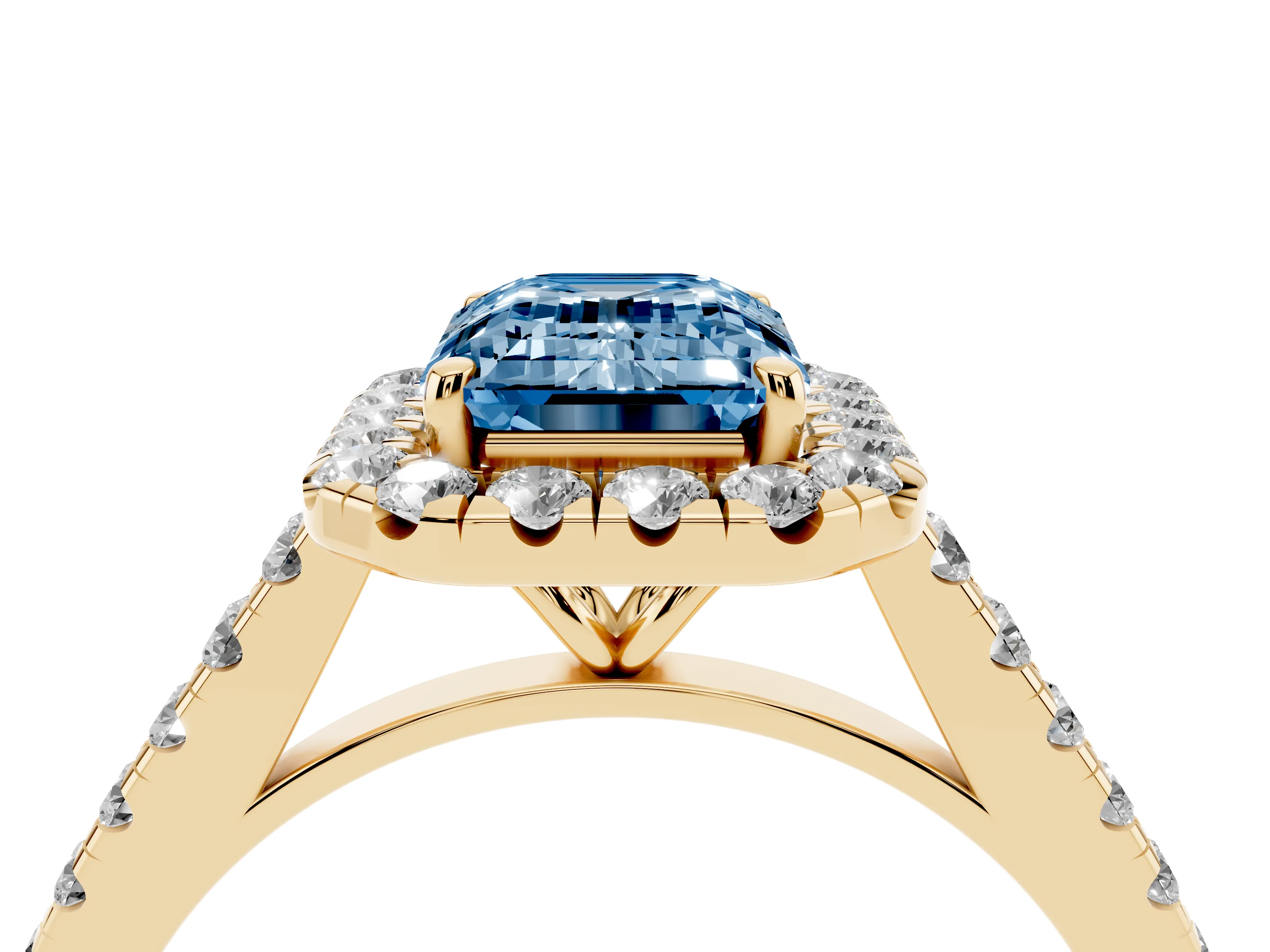 Fancy Blue Emerald Cut Diamond Halo Pavé Engagement Ring Set in Yellow gold with Prong Setting