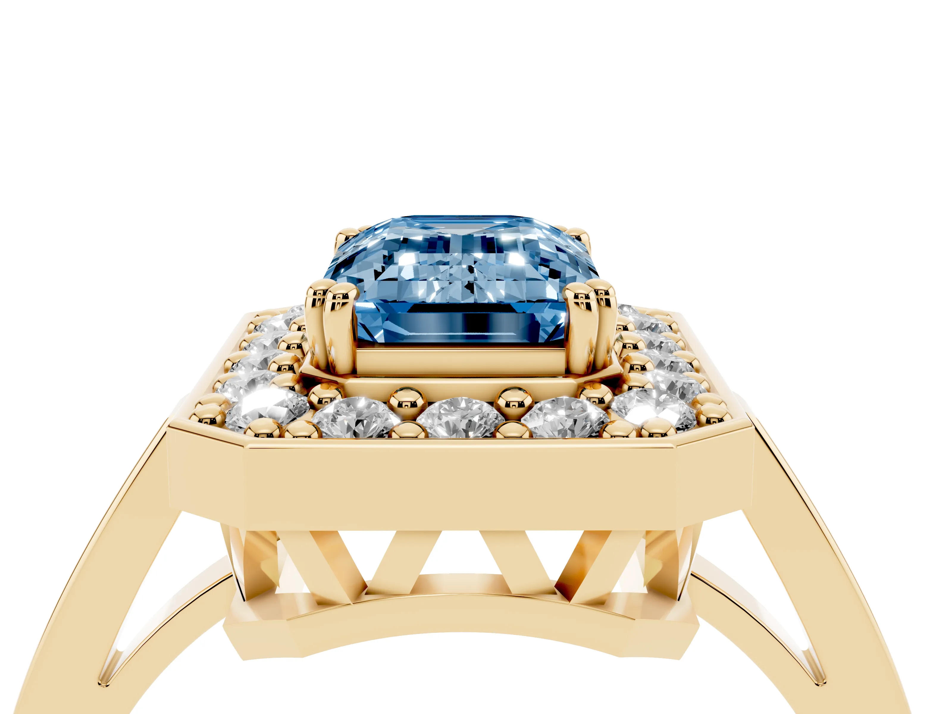 Fancy Blue Emerald Cut Diamond Halo Ring Set in Yellow gold with Accent-Lined Split Shank and Prong Setting