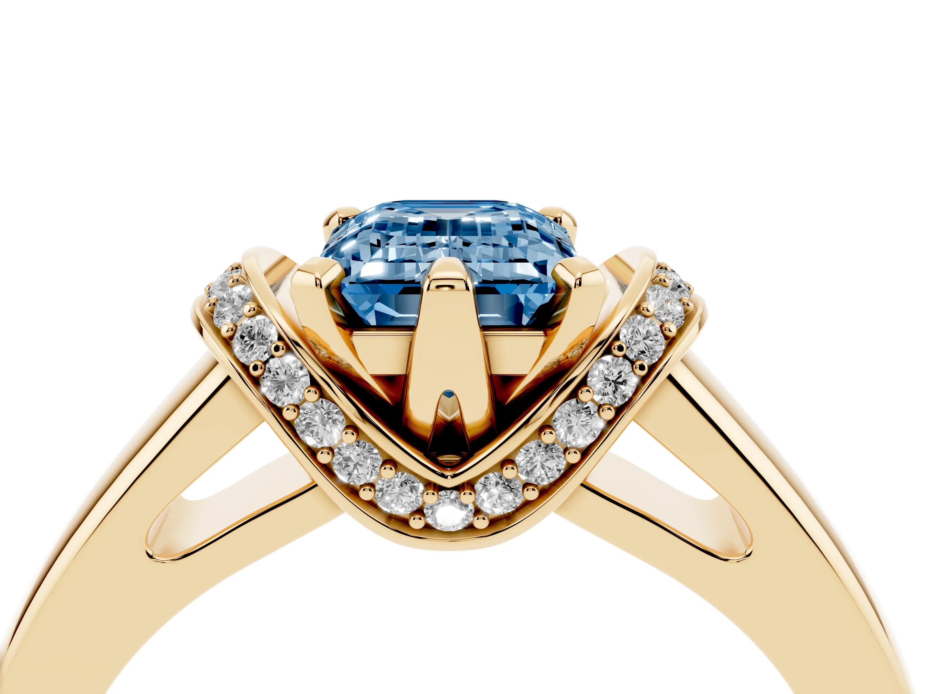 Fancy Blue Emerald Cut Diamond Pavé Band Solitaire Ring Set in Yellow gold with Prong Setting