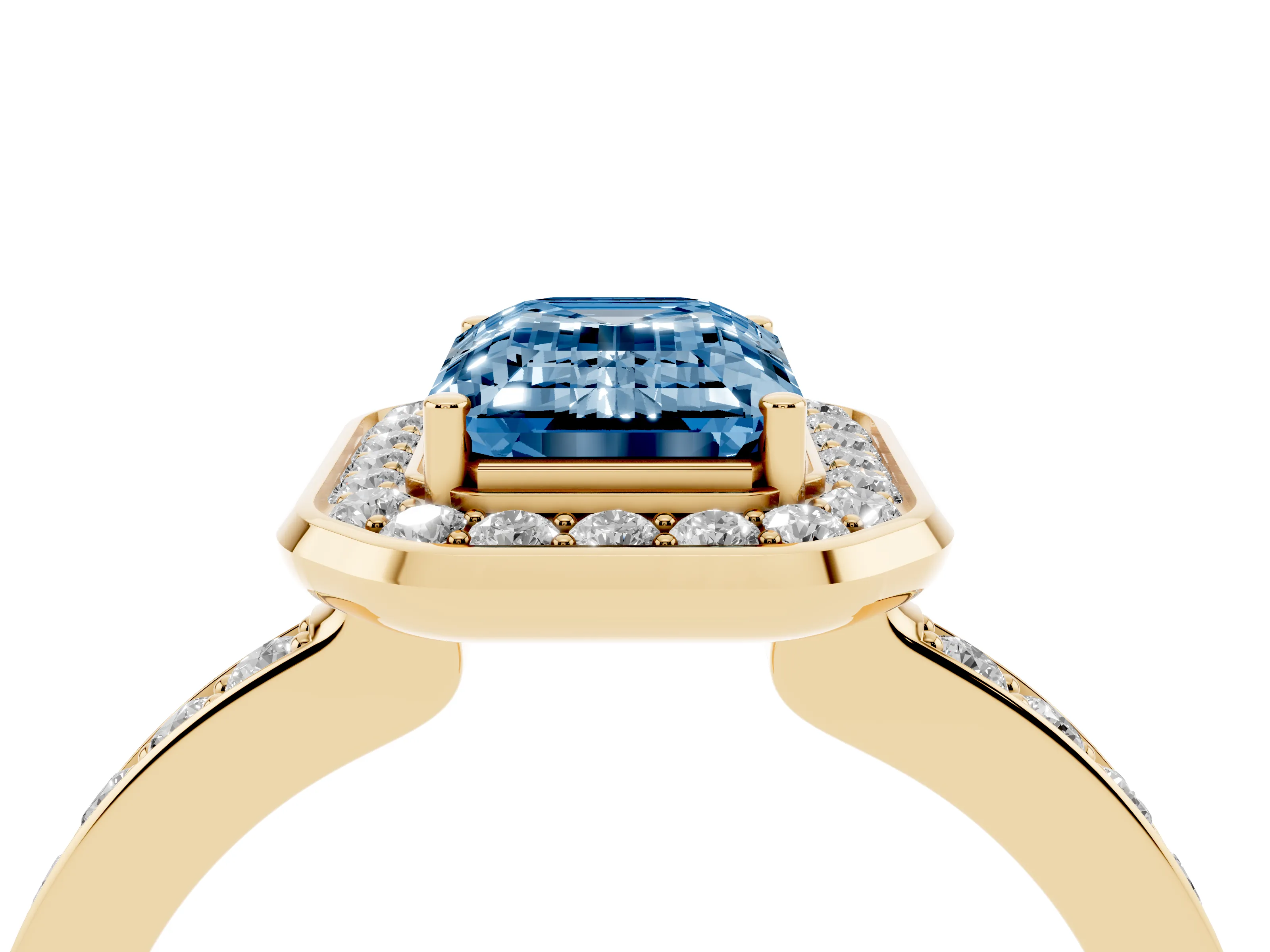 Fancy Blue Emerald Cut Diamond Halo Ring Set in Yellow gold with Bezel Frame and Pavé Band