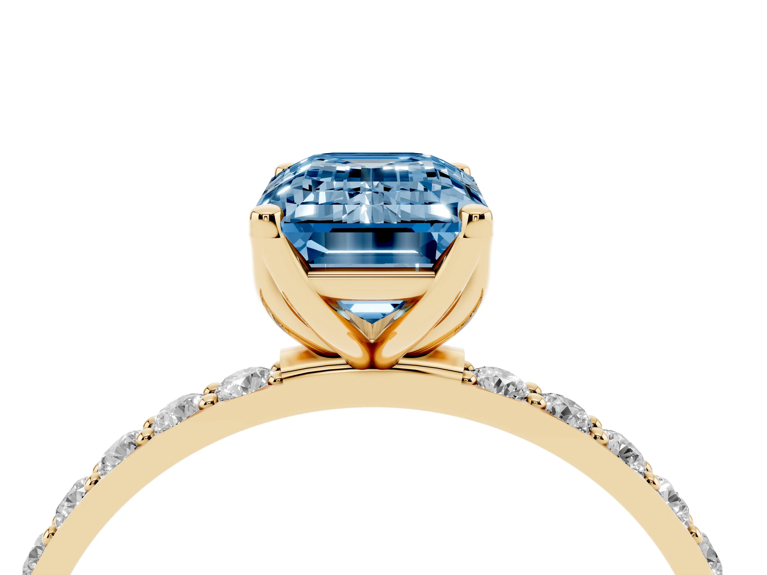 Fancy Blue Emerald Cut Diamond Solitaire Engagement Ring Set in Yellow gold with Round Pavé Band and Prong Setting