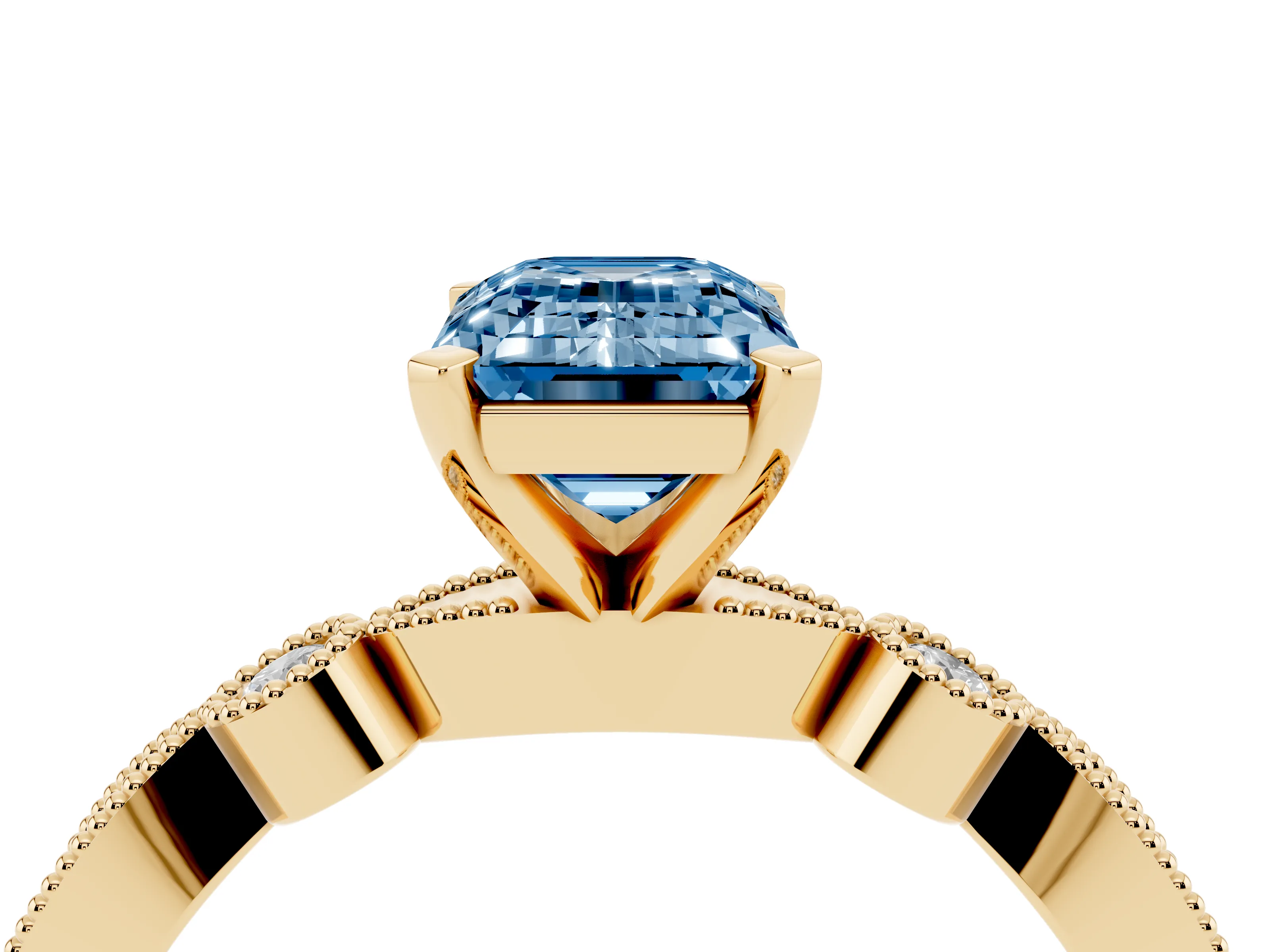 Fancy Blue Emerald Cut Diamond Solitaire Engagement Ring Set in Yellow gold with Milgrain Bezel Accent Band