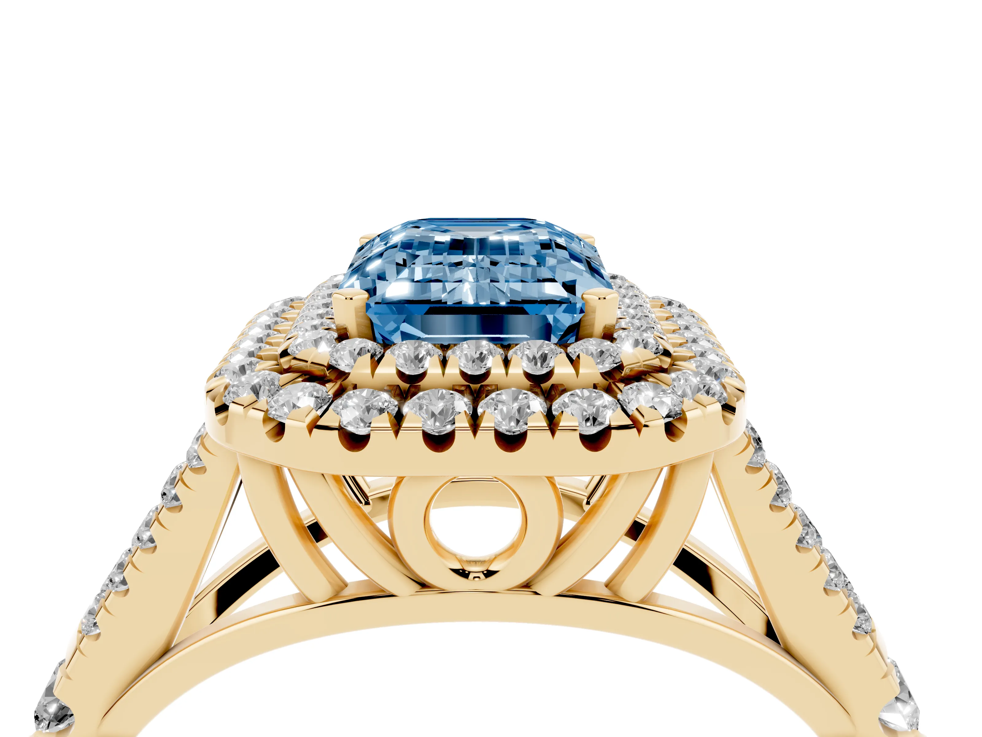 Fancy Blue Emerald Cut Diamond Pavé Split Shank Double Halo Engagement Ring Set in Yellow gold