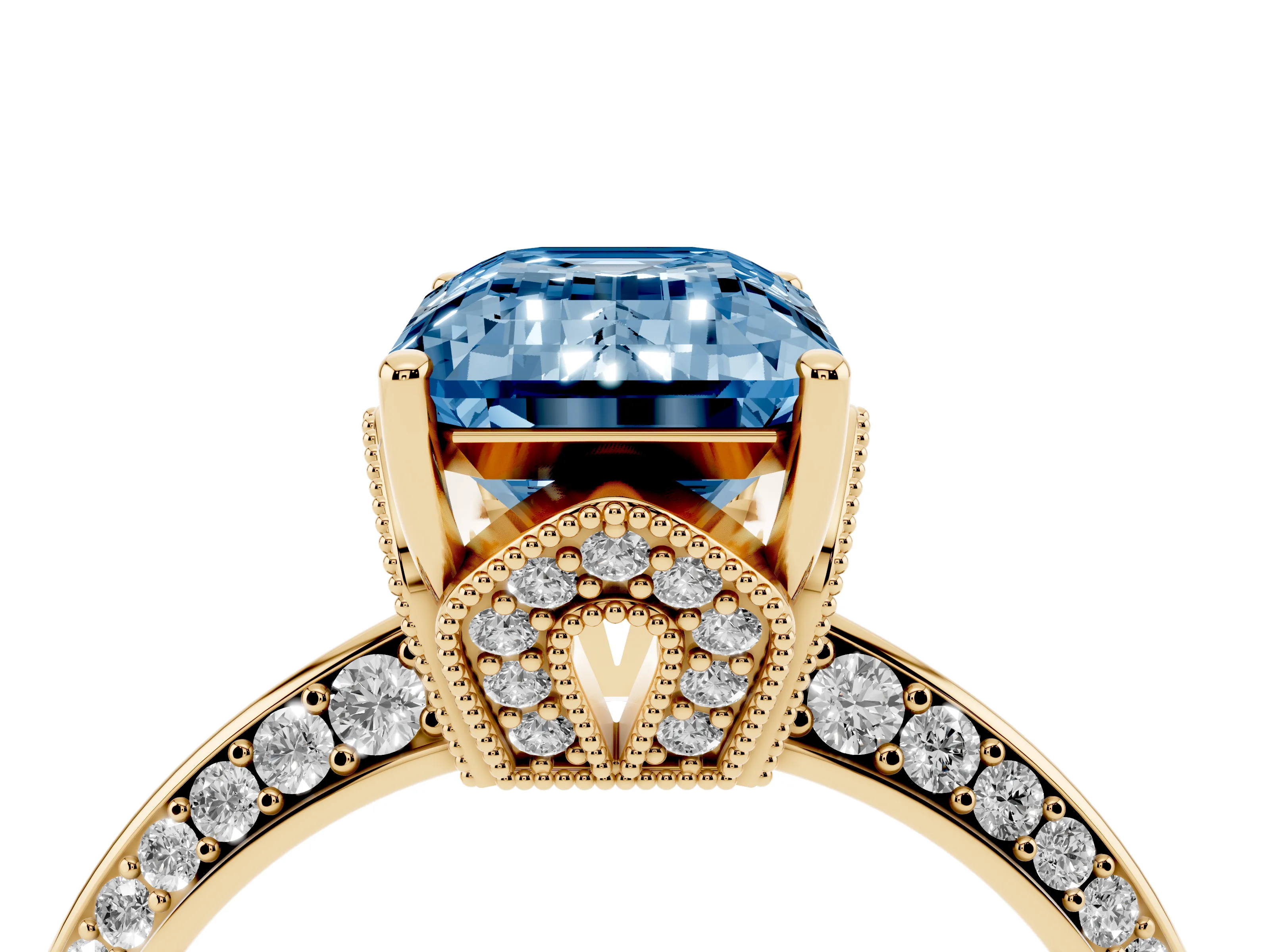 Fancy Blue Emerald Cut Diamond Solitaire Engagement Ring Set in Yellow gold with Pavé Split Shank and Prong Setting