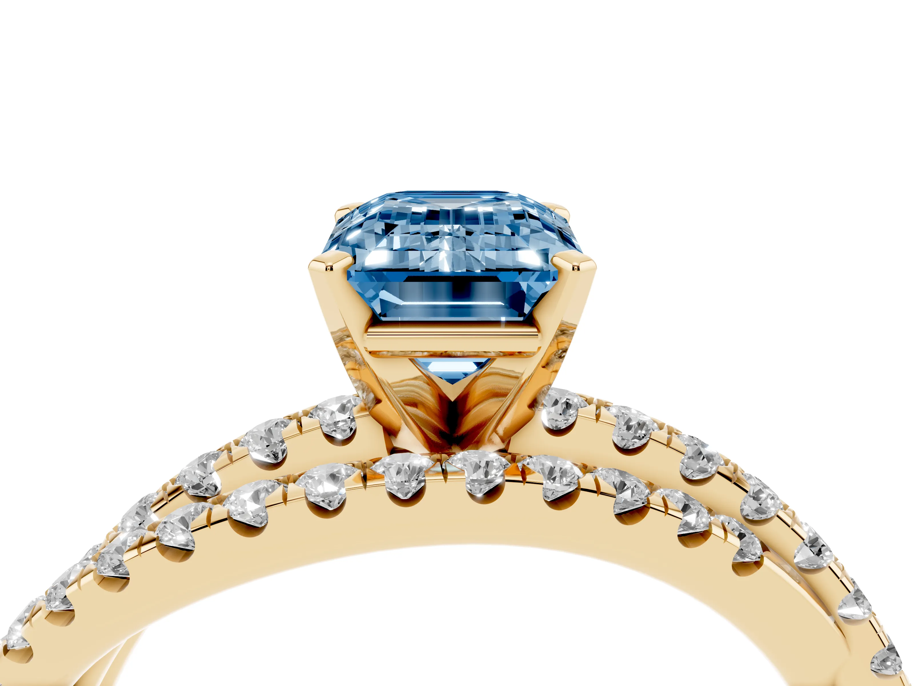 Fancy Blue Emerald Cut Diamond Solitaire Twist Band Ring Set in Yellow gold with Pavé Setting and Prong Head