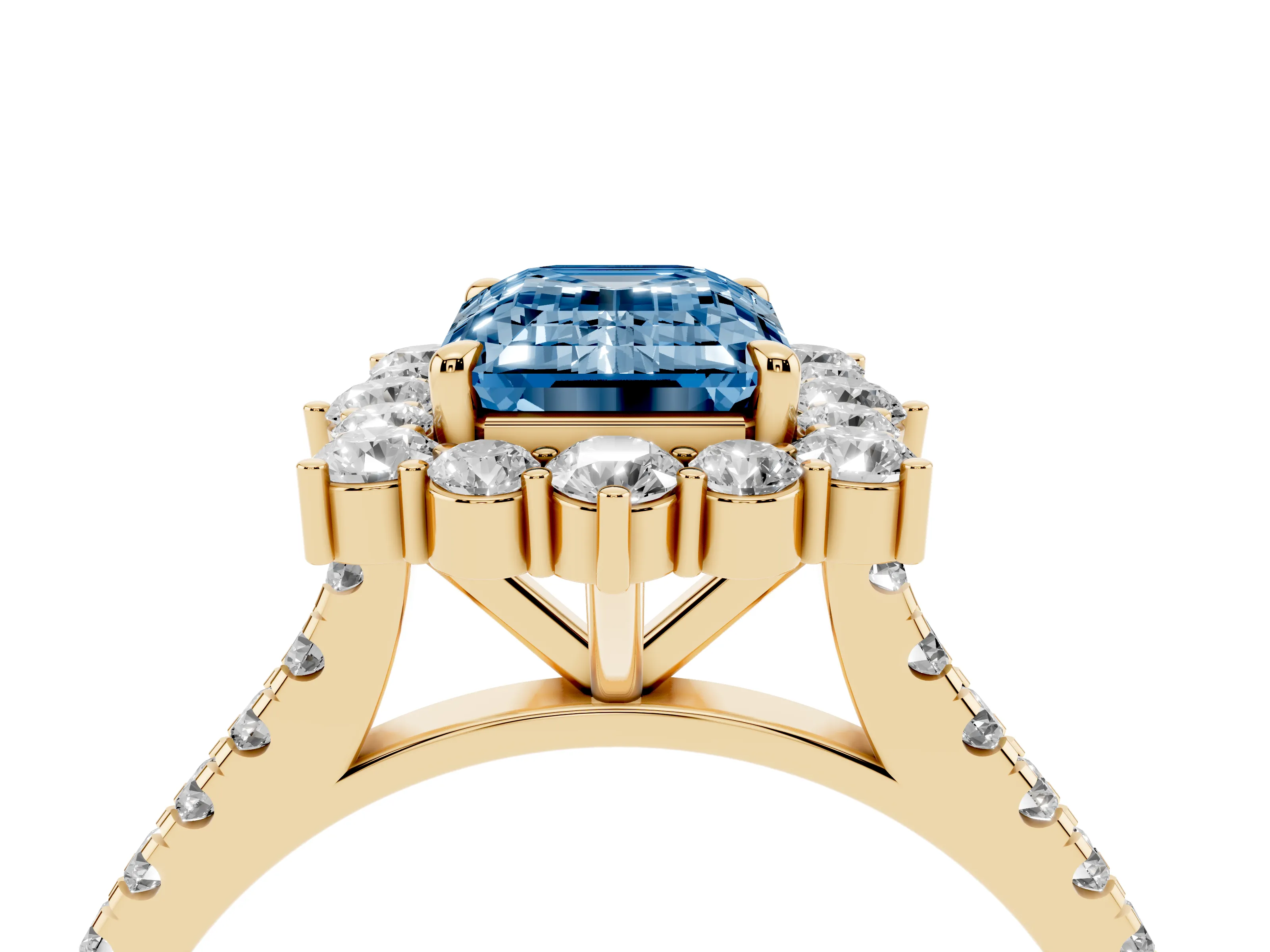 Fancy Blue Emerald Cut Diamond Halo Ring Set in Yellow gold with Pavé Band and Prong Setting