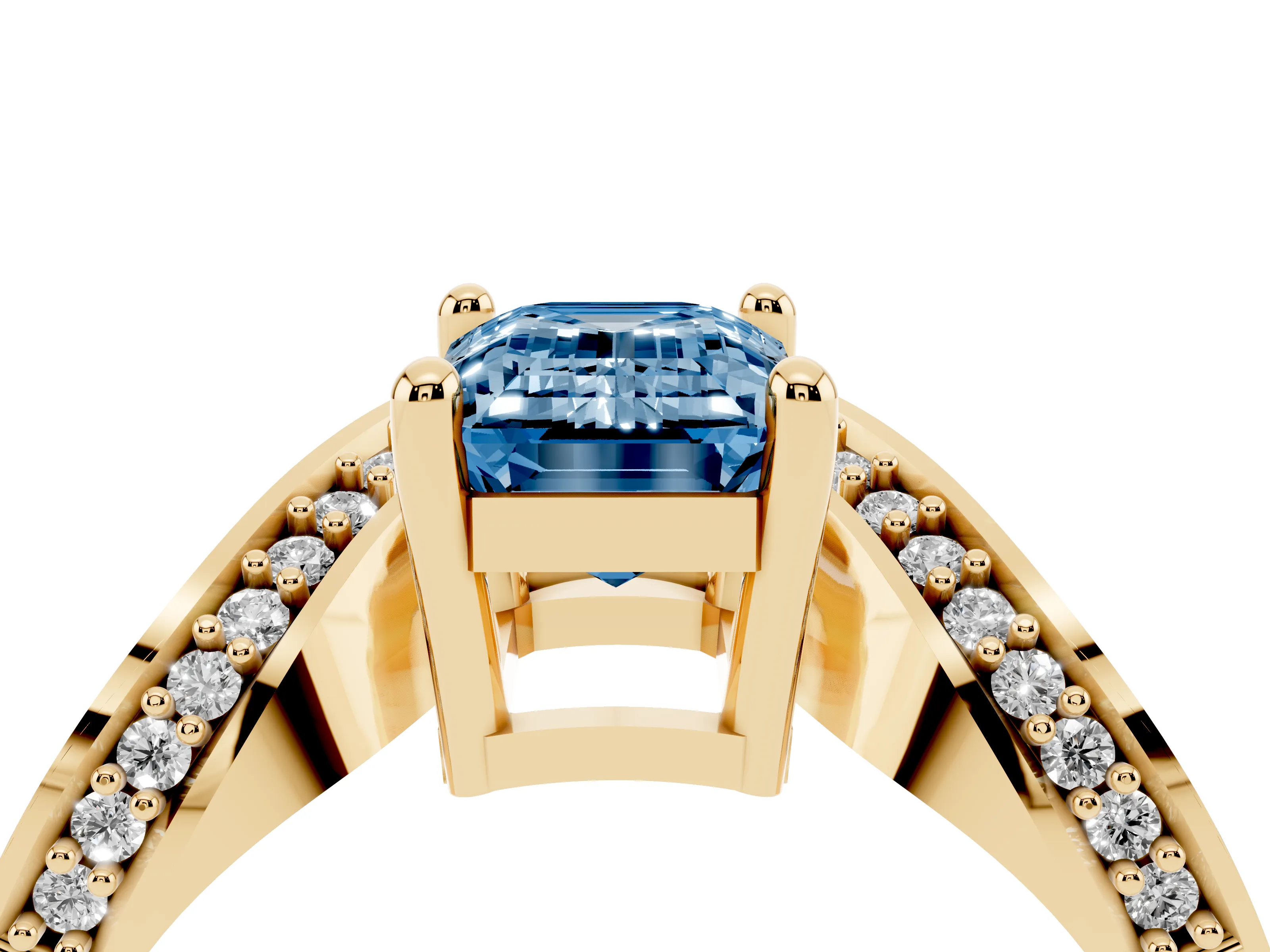 Fancy Blue Emerald Cut Diamond Solitaire Engagement Ring Set in Yellow gold with Pavé Shoulders