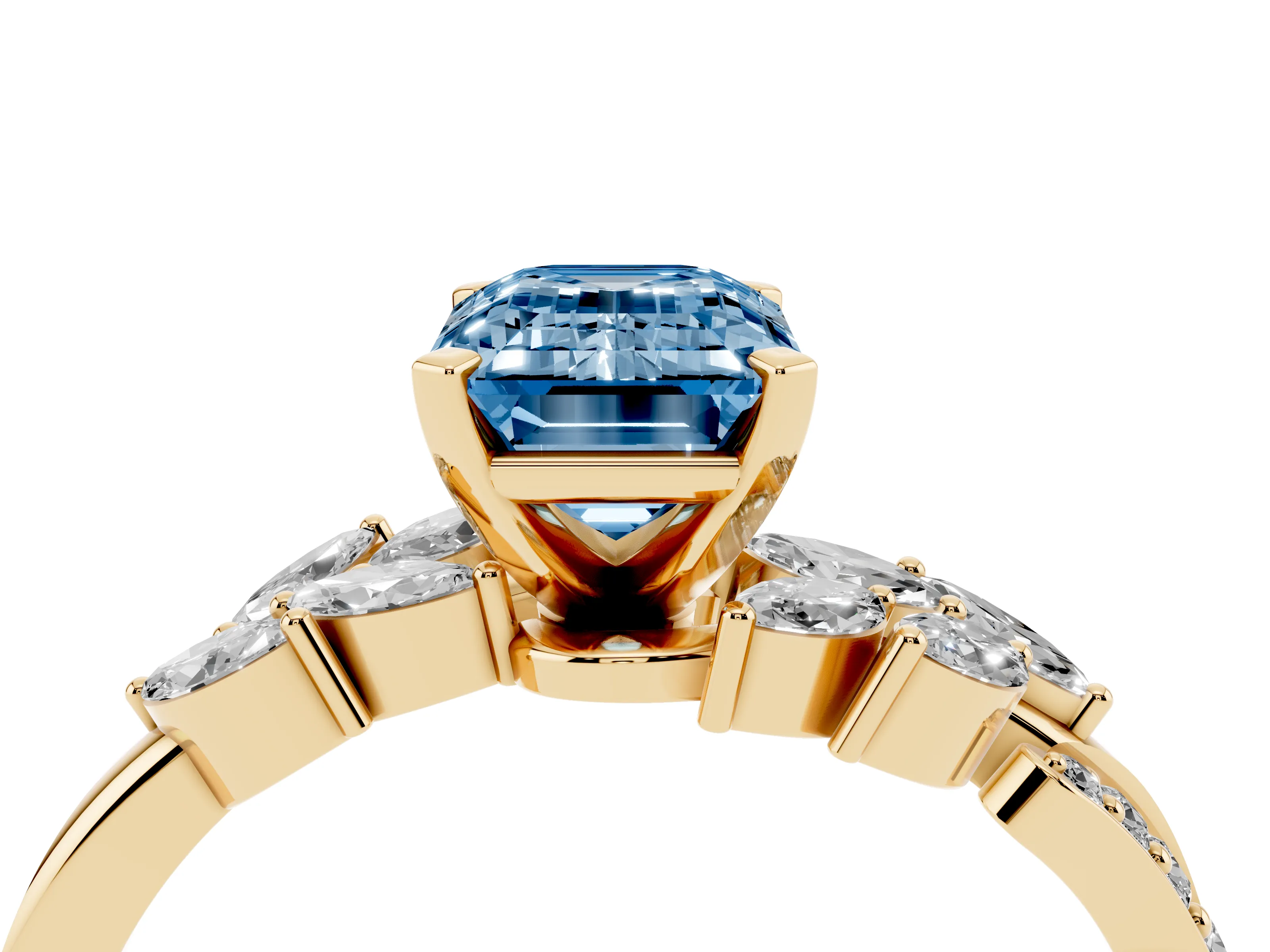 Fancy Blue Emerald Cut Diamond Solitaire Ring Set in Yellow gold with Marquise Twist Band and Prong Setting