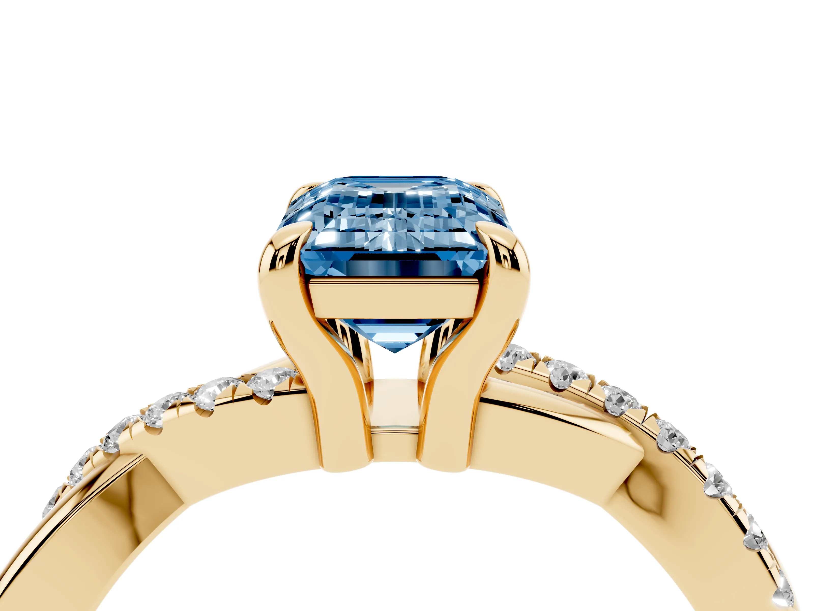 Fancy Blue Emerald Cut Diamond Twist Band Pavé Solitaire Ring Set in Yellow gold with Prong Setting