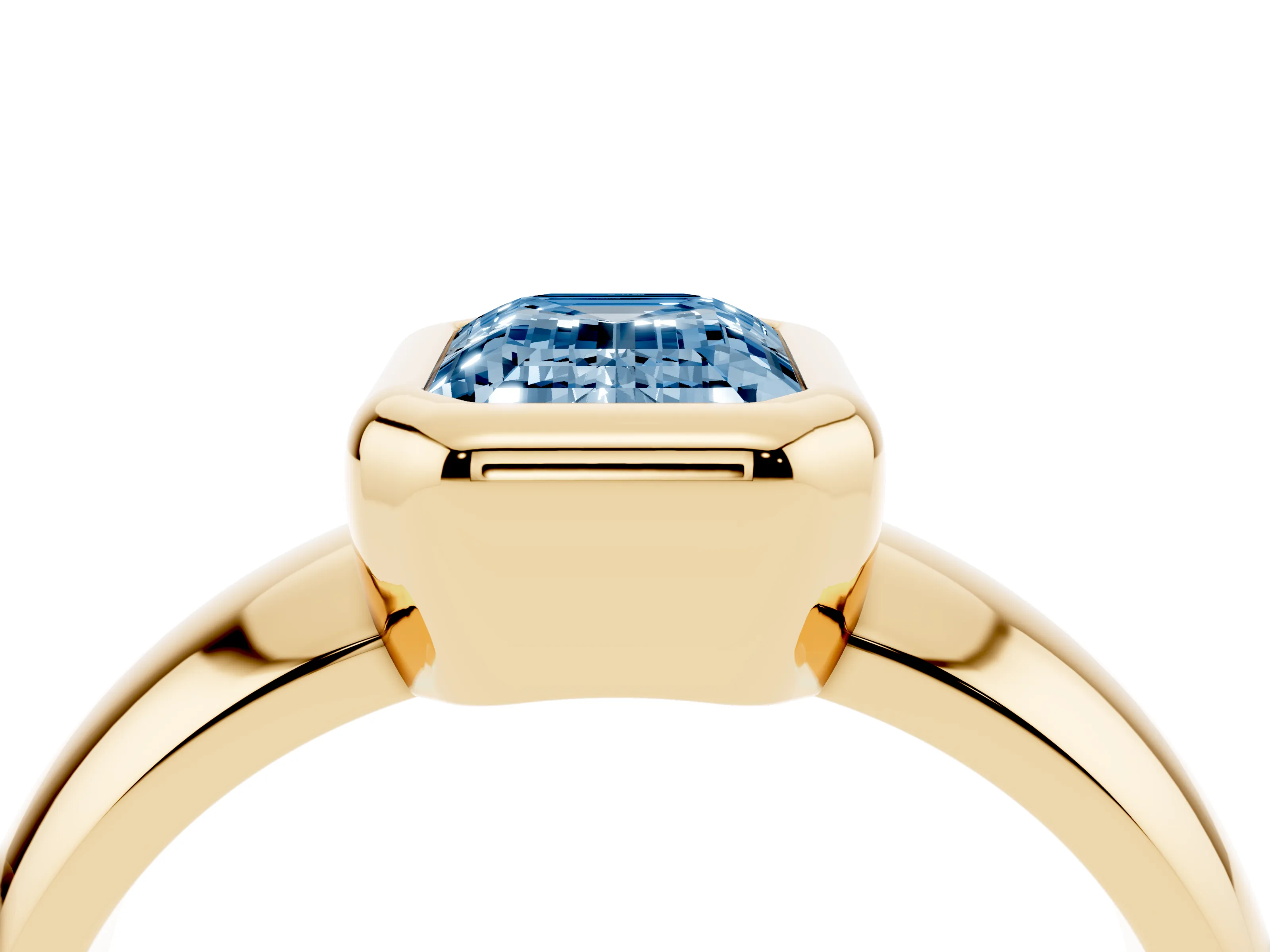 Fancy Blue Bezel Set Emerald Cut Diamond Solitaire Ring Set in Yellow gold with Wide Band