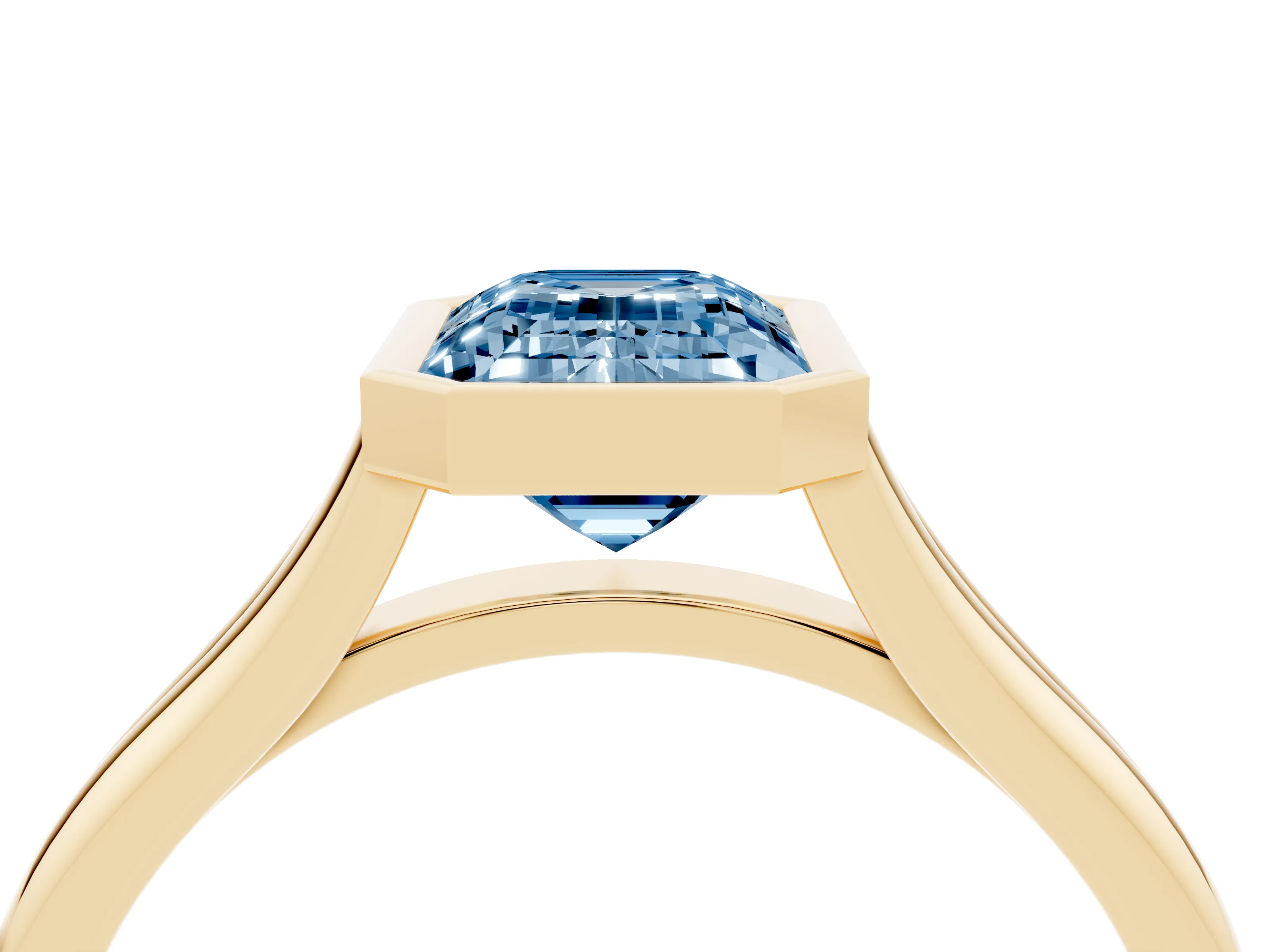 Fancy Blue Bezel Set Emerald Cut Diamond Solitaire Ring Set in Yellow gold with Tapered Band