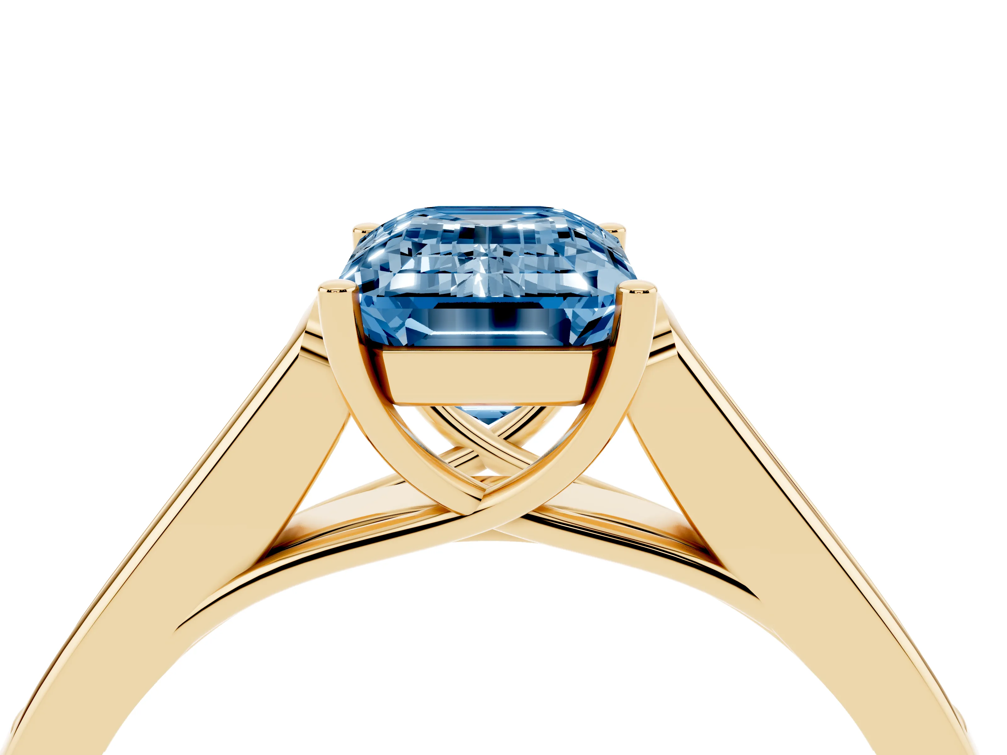 Fancy Blue Emerald Cut Diamond Solitaire Cathedral Engagement Ring Set in Yellow gold with Channel-Set Band and Prong Setting
