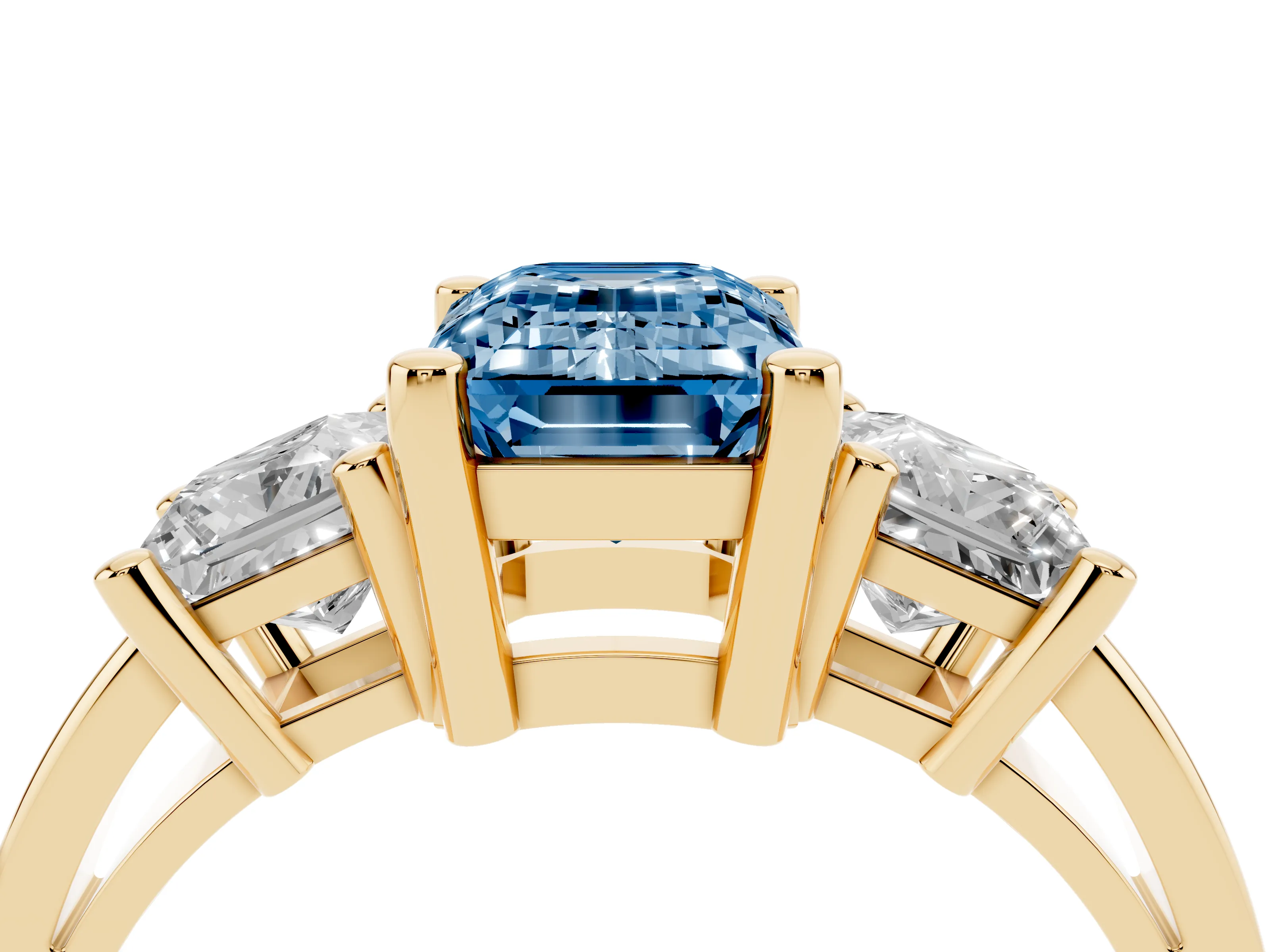 Fancy Blue Three-Stone Emerald Cut Diamond Solitaire Ring Set in Yellow gold with Prong Setting