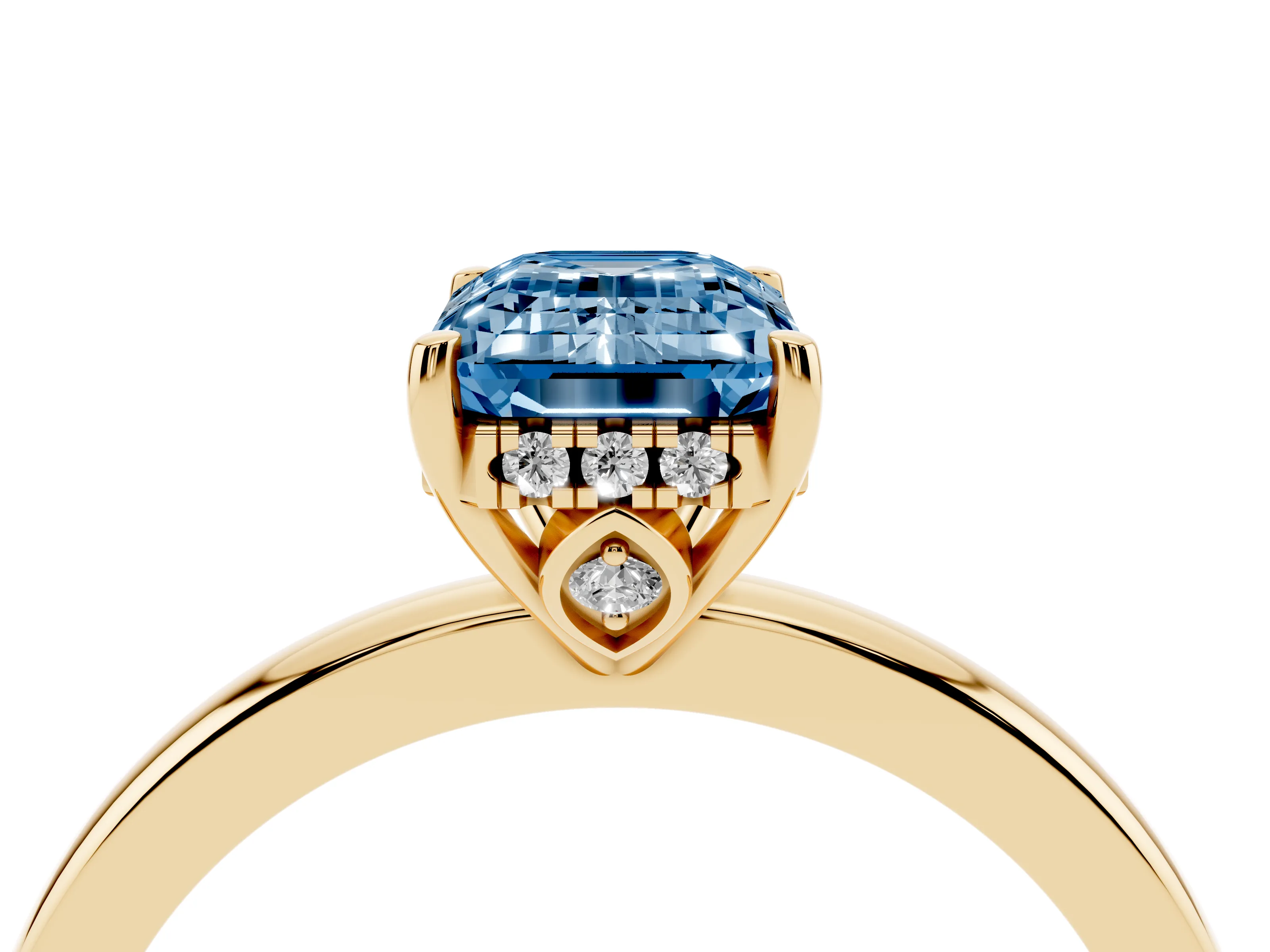 Fancy Blue Emerald Cut Diamond Solitaire Ring Set in Yellow gold with Plain Band and Prong Setting
