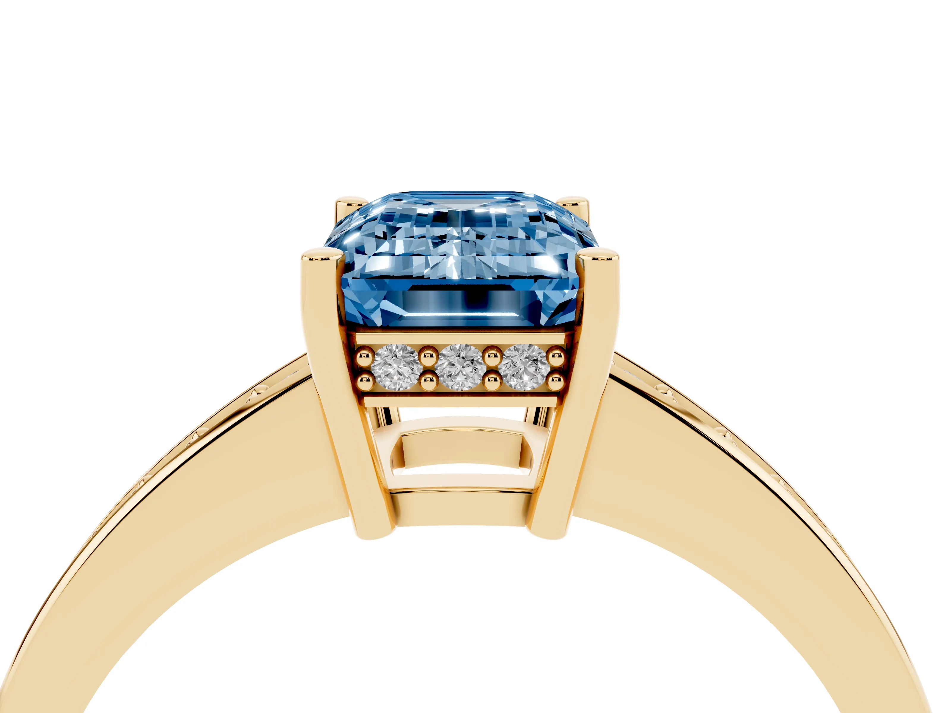 Fancy Blue Emerald Cut Diamond Pavé Band Prong Set Solitaire Ring Set in Yellow gold