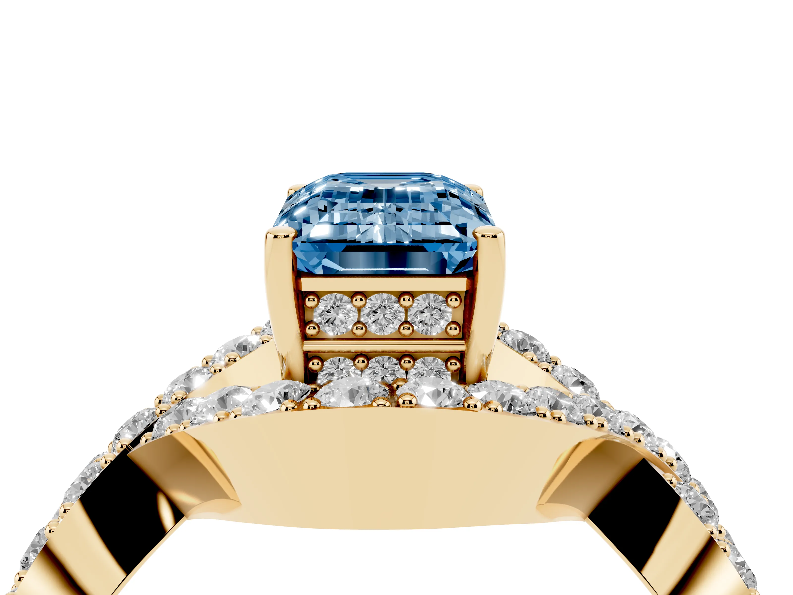 Fancy Blue Emerald Cut Diamond Solitaire Twist Band Pavé Engagement Ring Set in Yellow gold