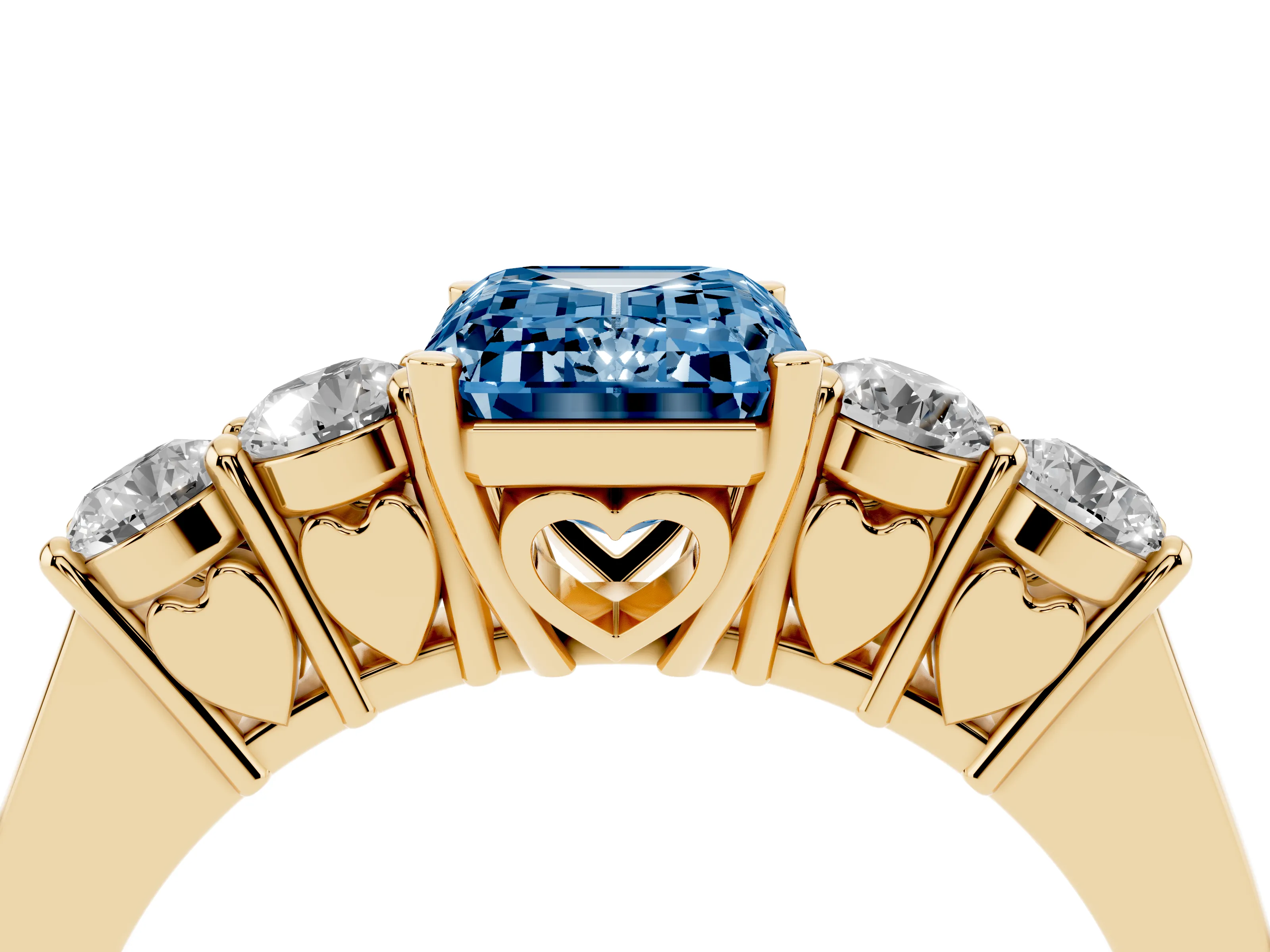 Fancy Blue Emerald Cut Diamond Five-Stone Prong Set Band Ring Set in Yellow gold with Polished Band