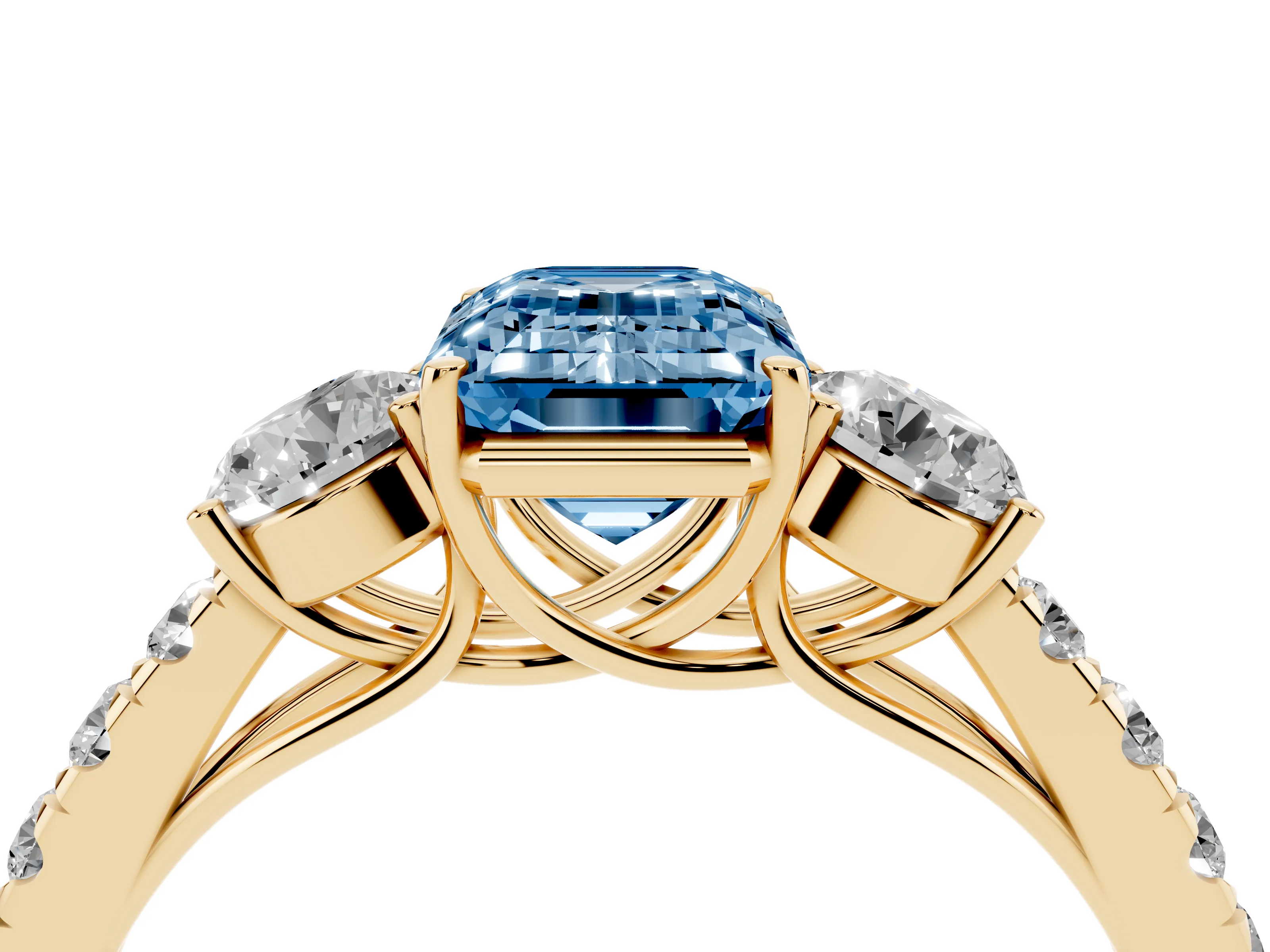 Fancy Blue Emerald Cut Diamond Three-Stone Ring Set in Yellow gold with Round Side Stones and Delicate Pavé Band