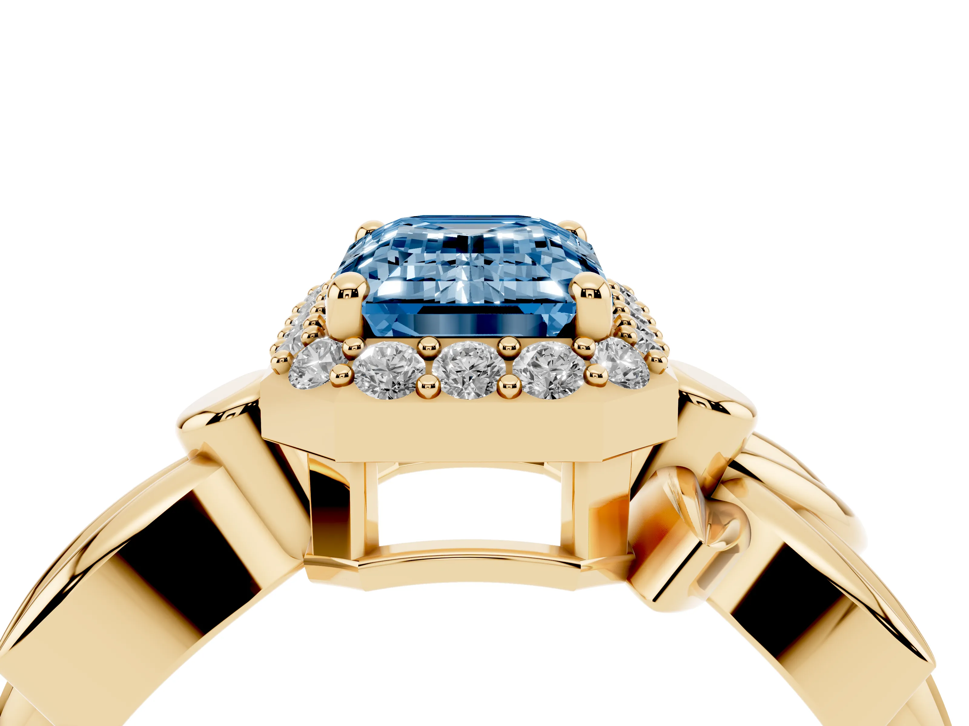 Fancy Blue Emerald Cut Diamond Halo Floral Band Ring Set in Yellow gold with Prong Setting