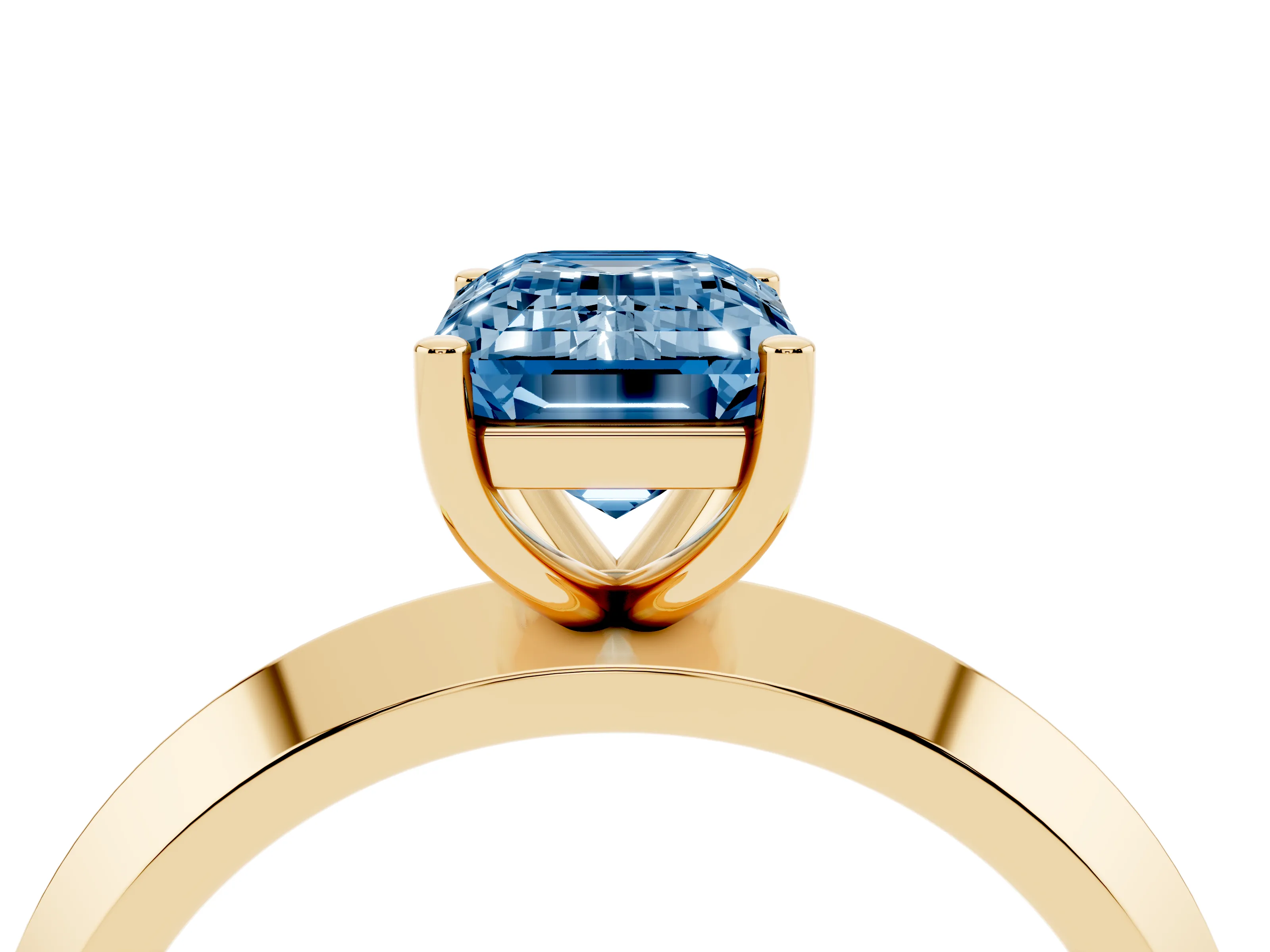 Fancy Blue Emerald Cut Diamond Solitaire Engagement Ring Set in Yellow gold with Flat Band and Prong Setting