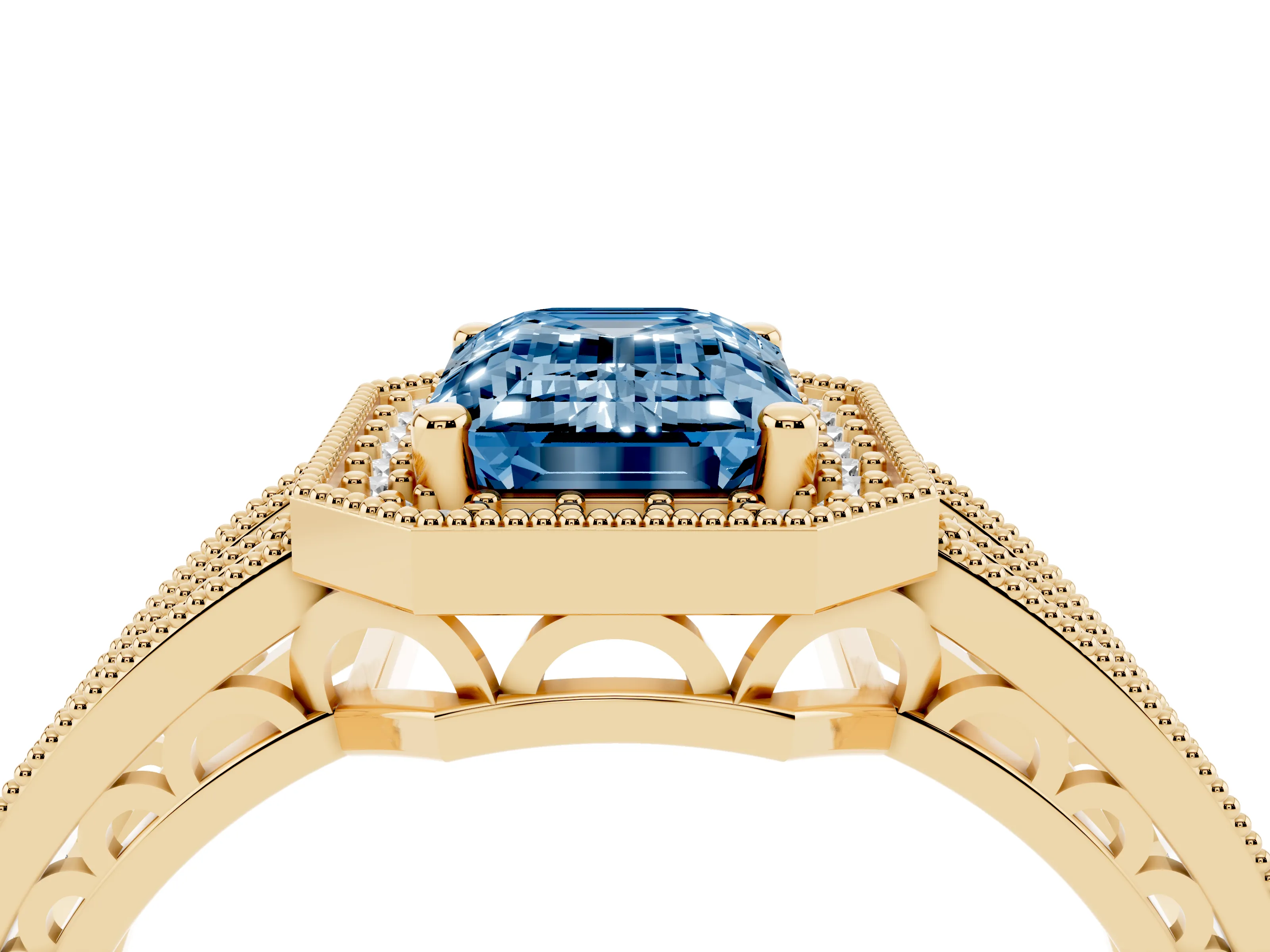 Fancy Blue Emerald Cut Diamond Halo Ring Set in Yellow gold with Accent Split Shank and Prong Setting