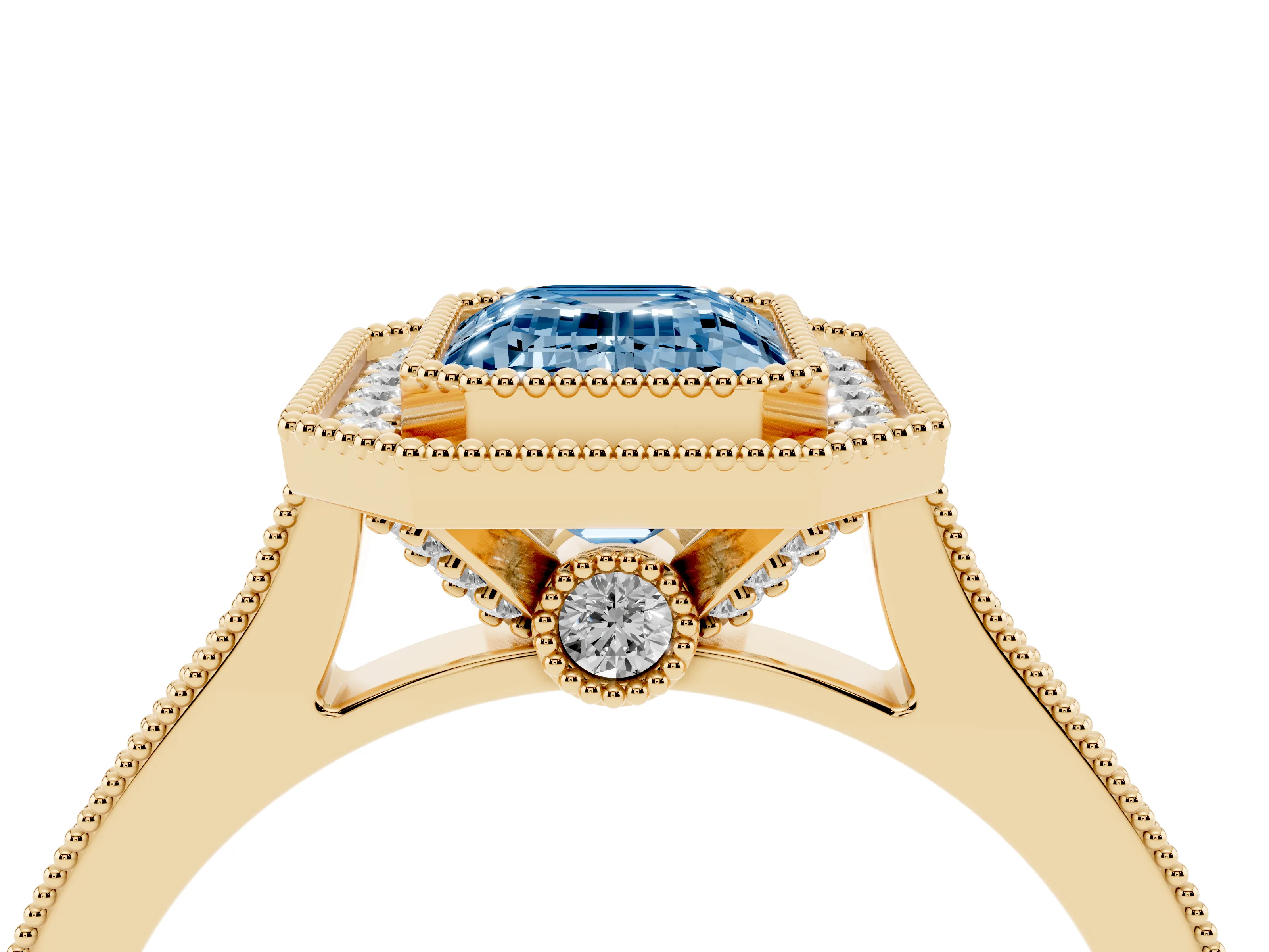 Fancy Blue Emerald Cut Diamond Halo Milgrain Pavé Band Ring Set in Yellow gold with Prong Setting