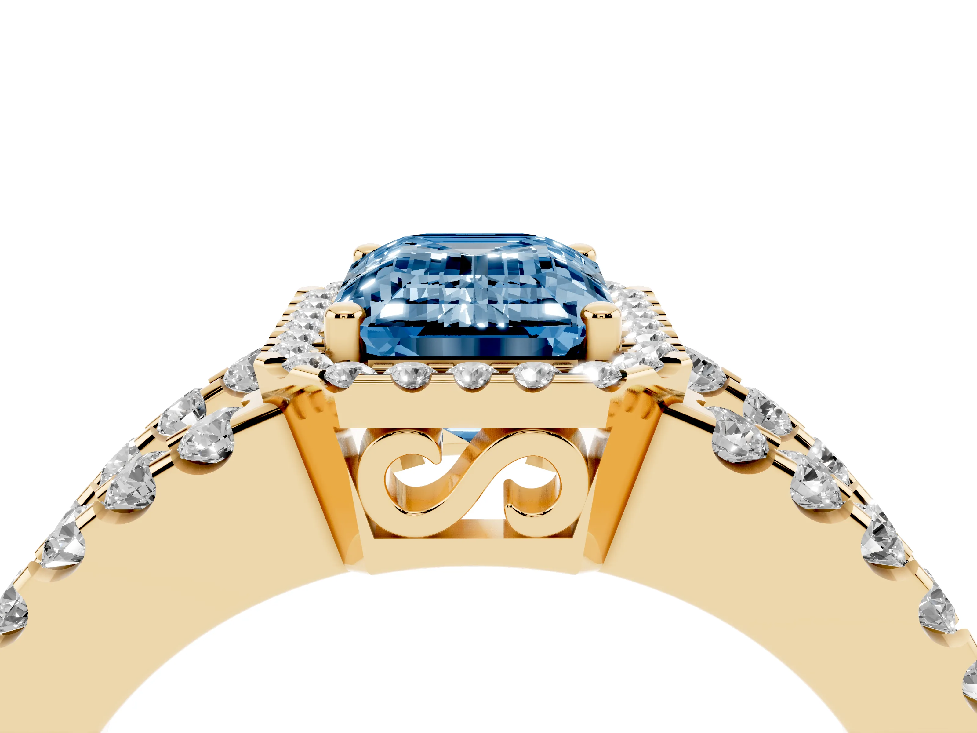 Fancy Blue Emerald Cut Diamond Halo Ring Set in Yellow gold with Pavé Split Shank and Prong Setting