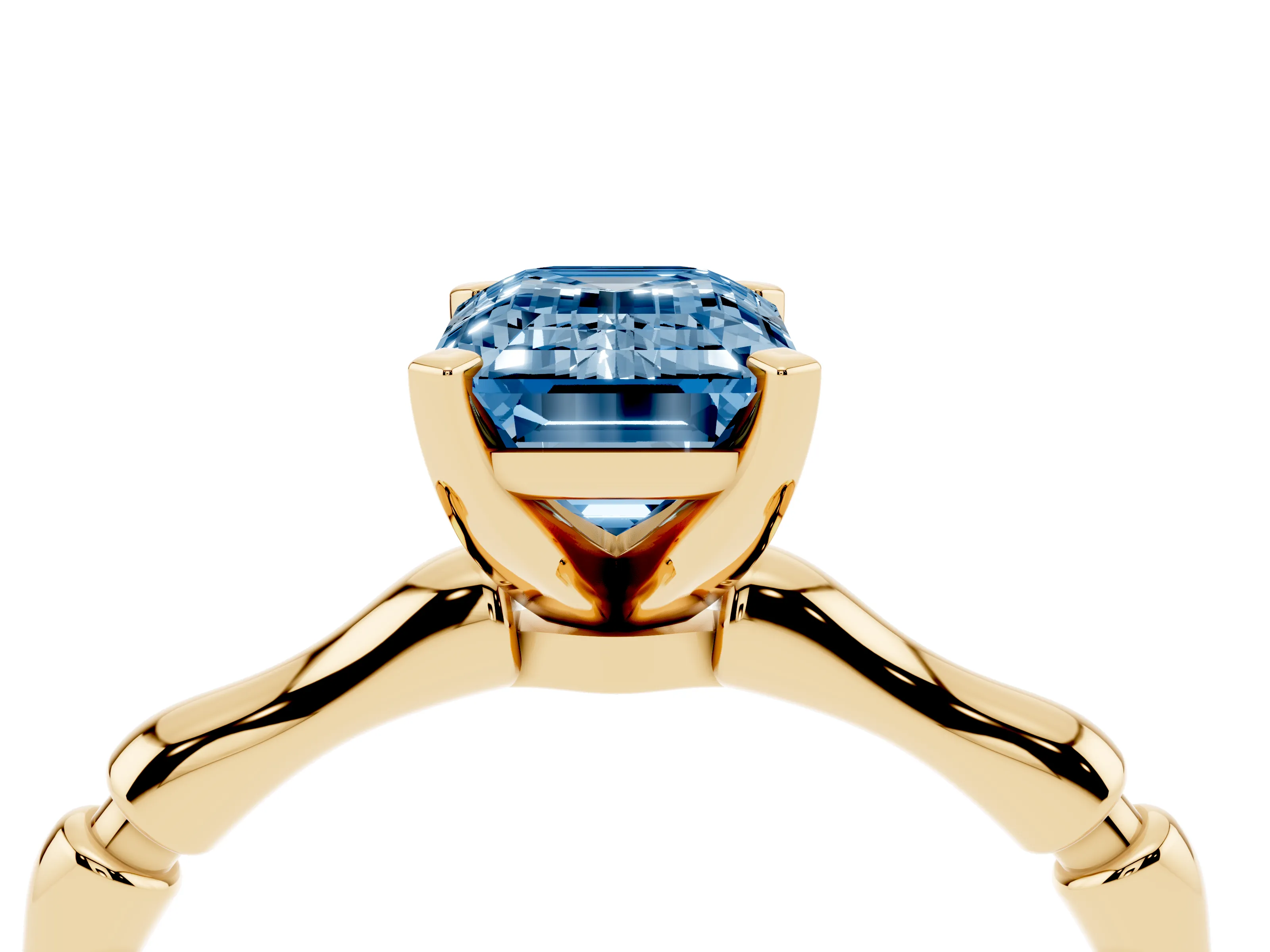 Fancy Blue Emerald Cut Diamond Solitaire Ring Set in Yellow gold with Bamboo Band and Prong Setting