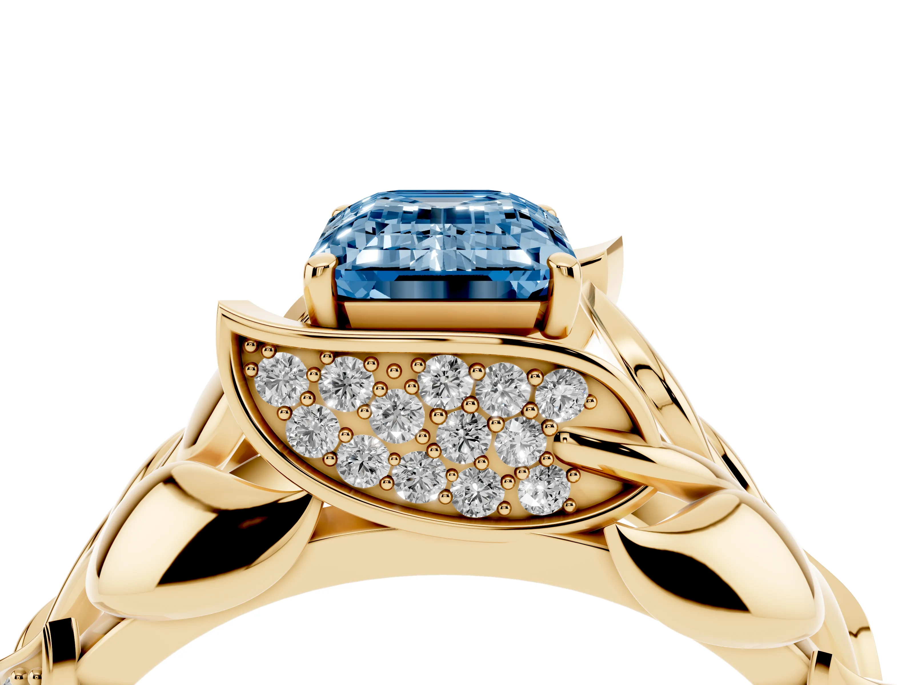 Fancy Blue Emerald Cut Diamond Leaf-Inspired Engagement Ring Set in Yellow gold with Round Accents
