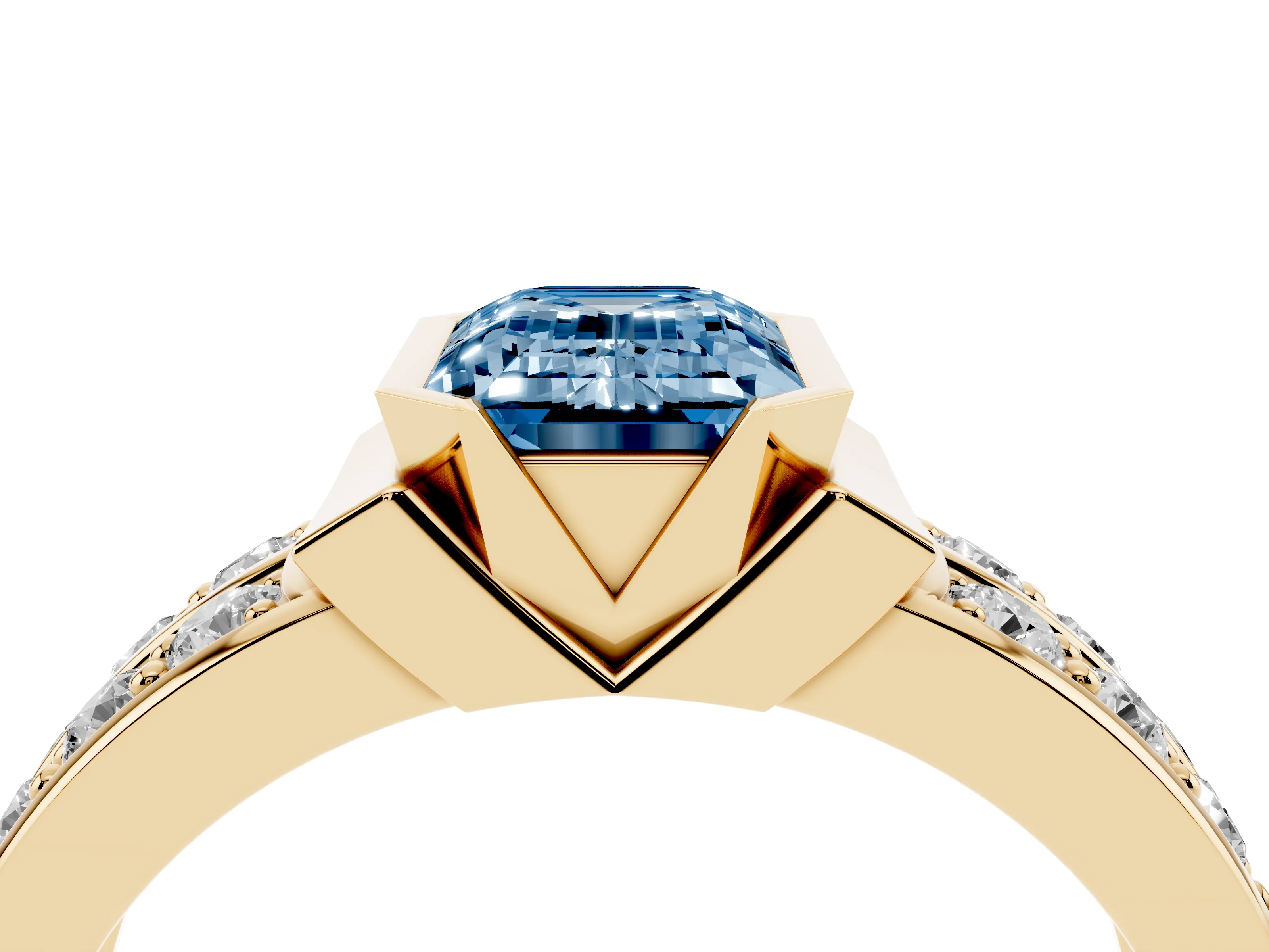 Fancy Blue Emerald Cut Diamond Wide Channel Set Band Ring Set in Yellow gold with Bezel Setting