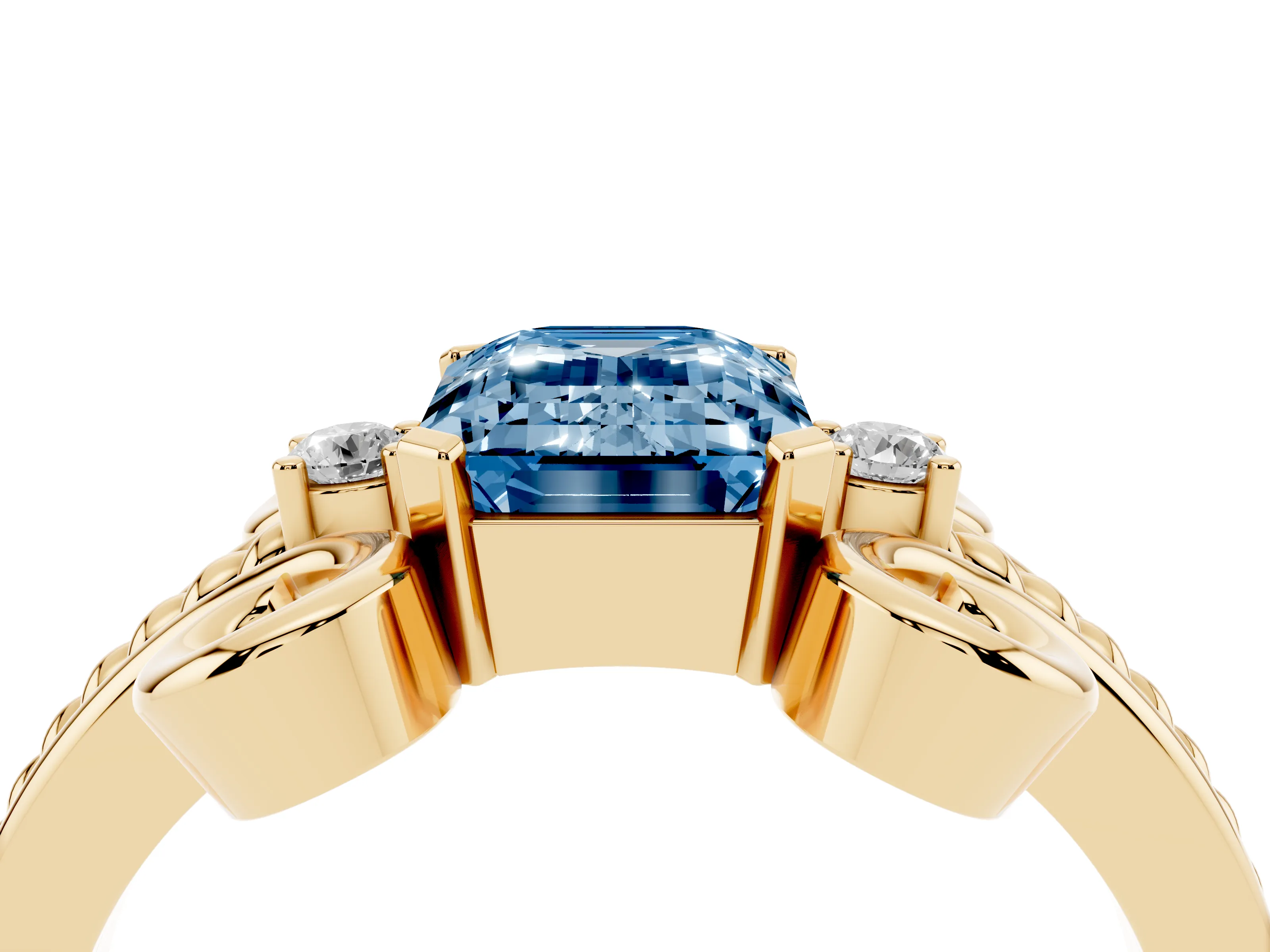 Fancy Blue Emerald Cut Diamond Twisted Band Solitaire Ring Set in Yellow gold with Scroll Prongs