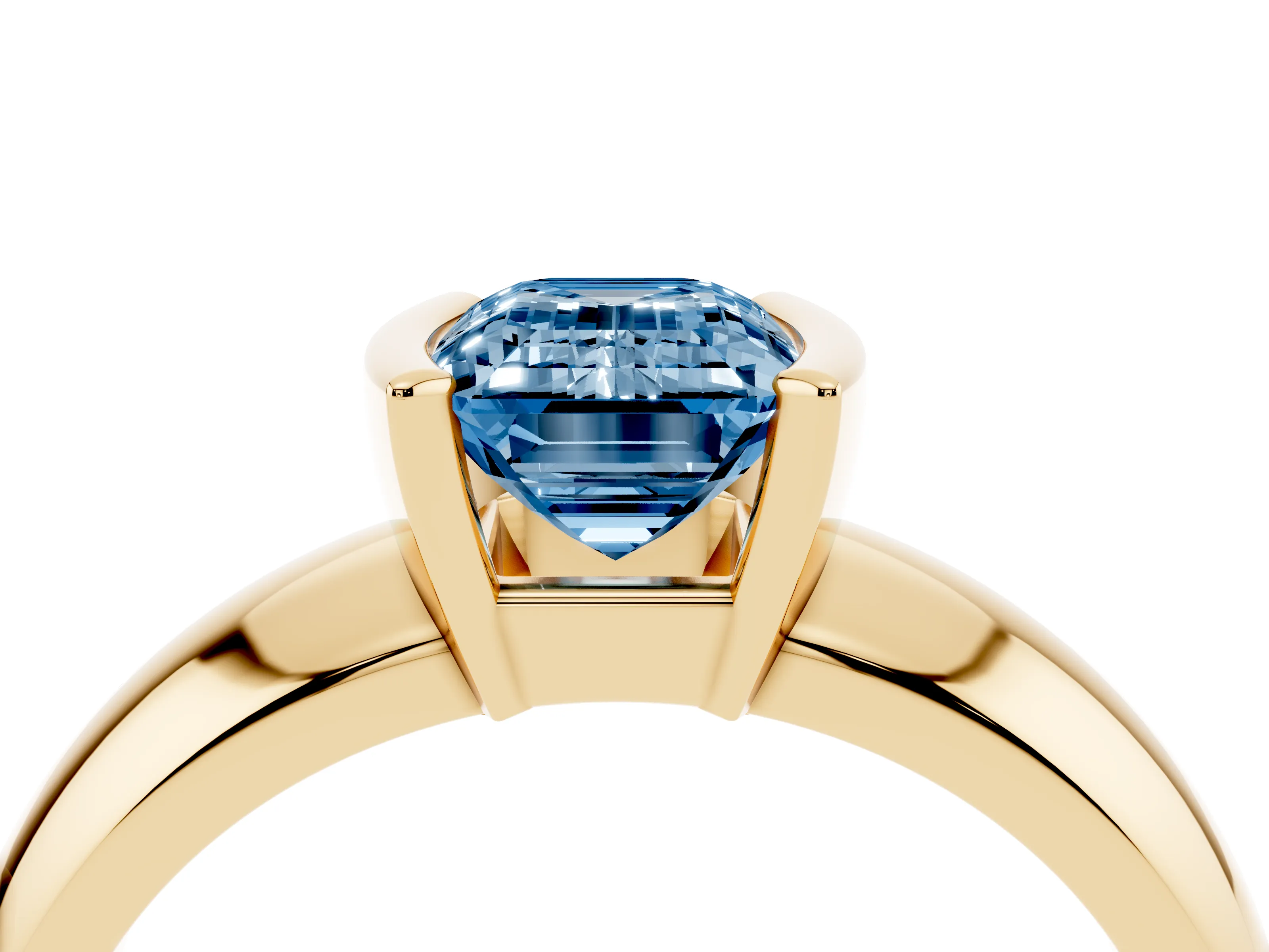 Fancy Blue Emerald Cut Diamond Solitaire Tension Set Ring Set in Yellow gold with Wide Band