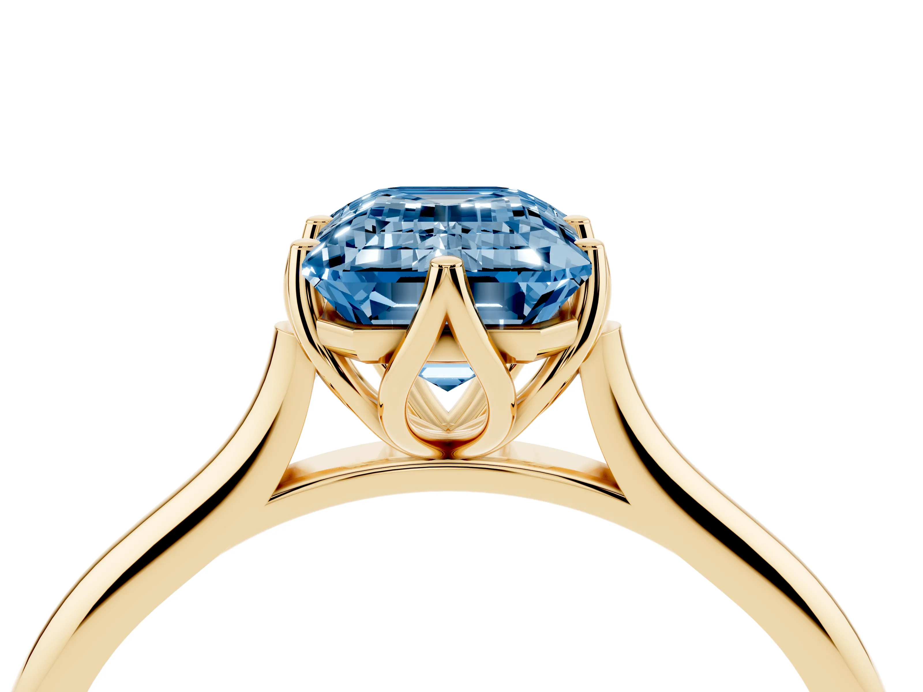 Fancy Blue Emerald Cut Diamond Solitaire Cathedral Ring Set in Yellow gold with Prong Setting