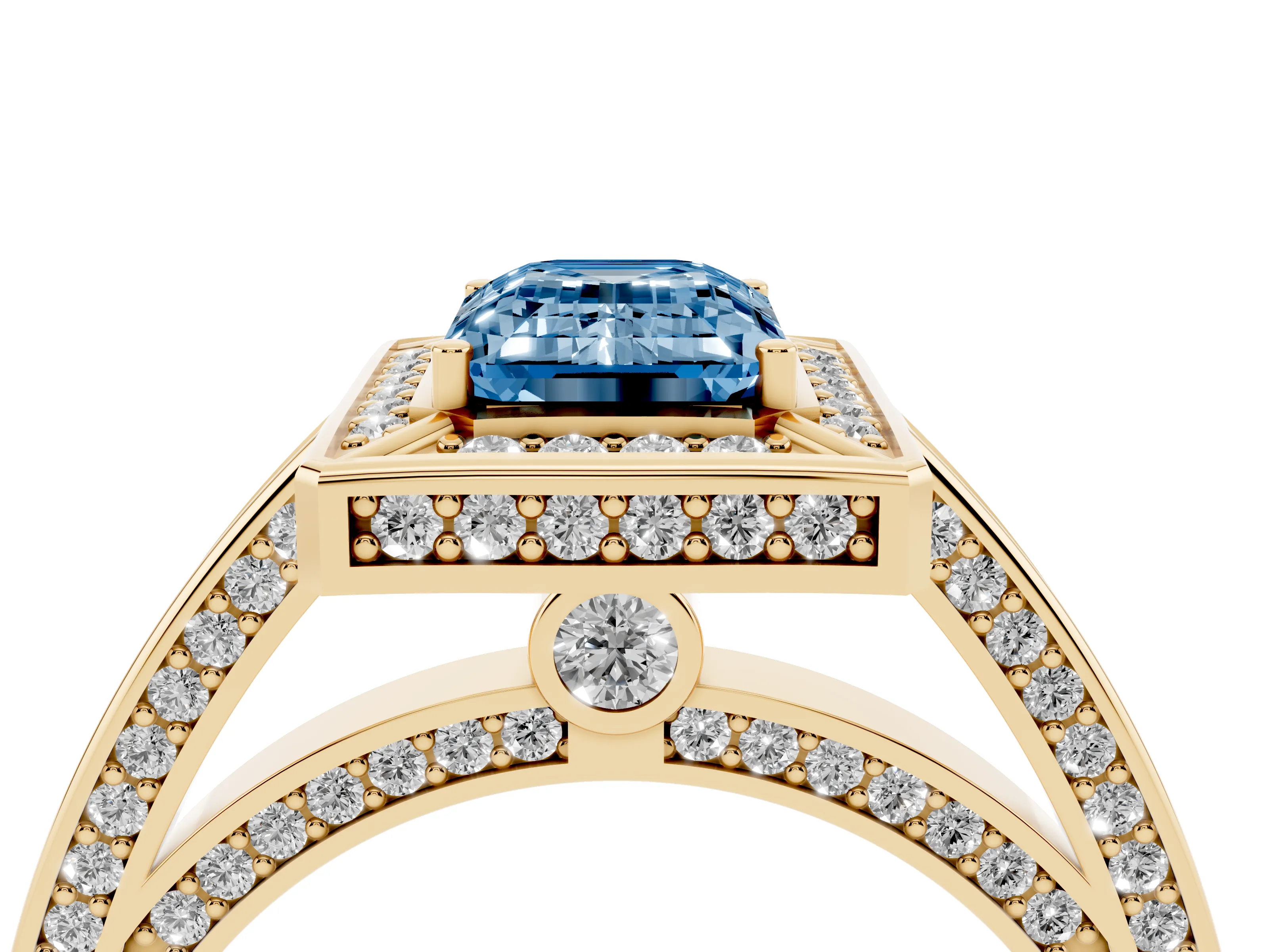 Fancy Blue Emerald Cut Diamond Halo Pavé Split Shank Ring Set in Yellow gold with Prong Setting