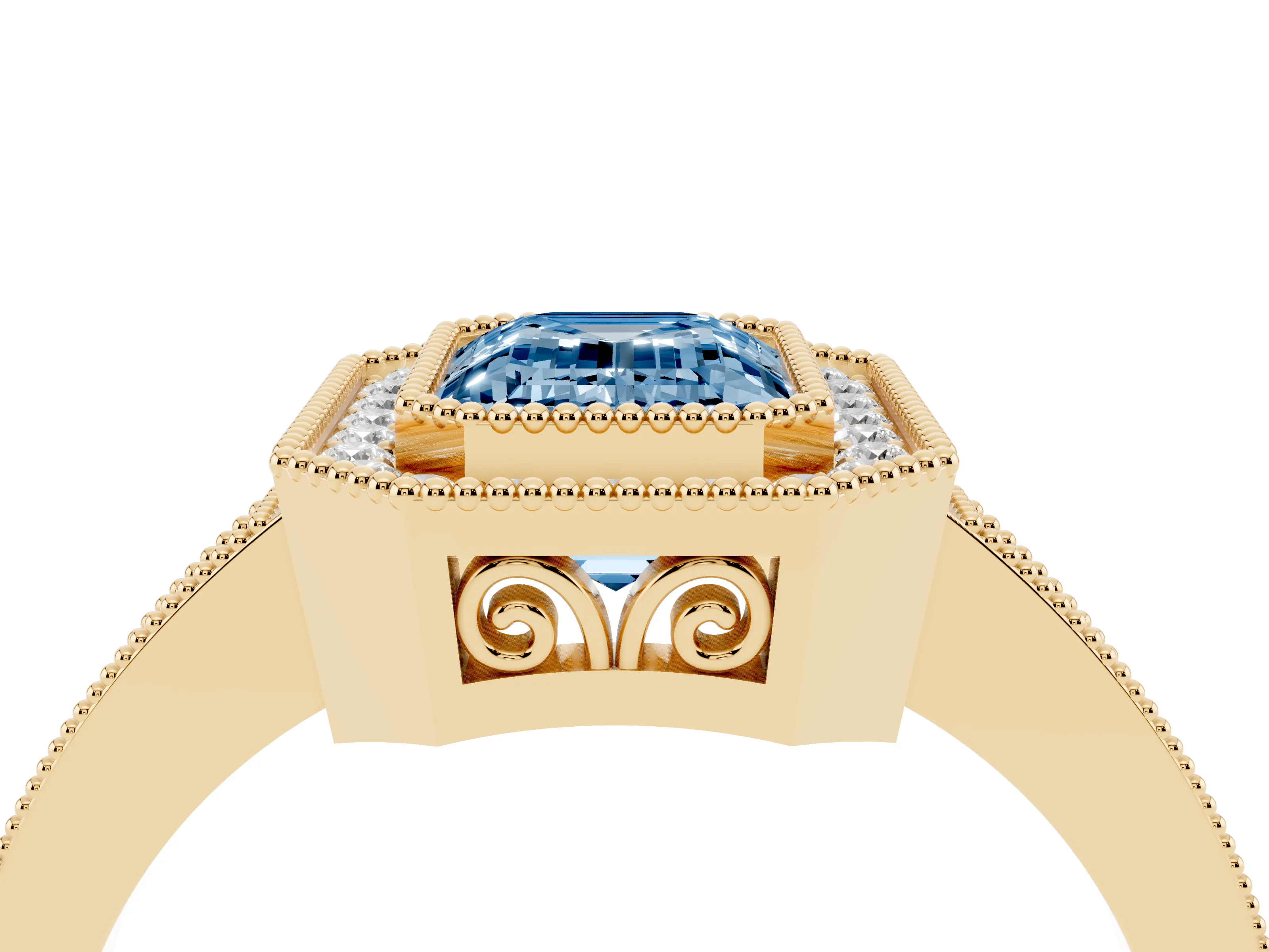 Fancy Blue Emerald Cut Diamond Halo Ring Set in Yellow gold with Pavé Band and Milgrain-Edged Prongs
