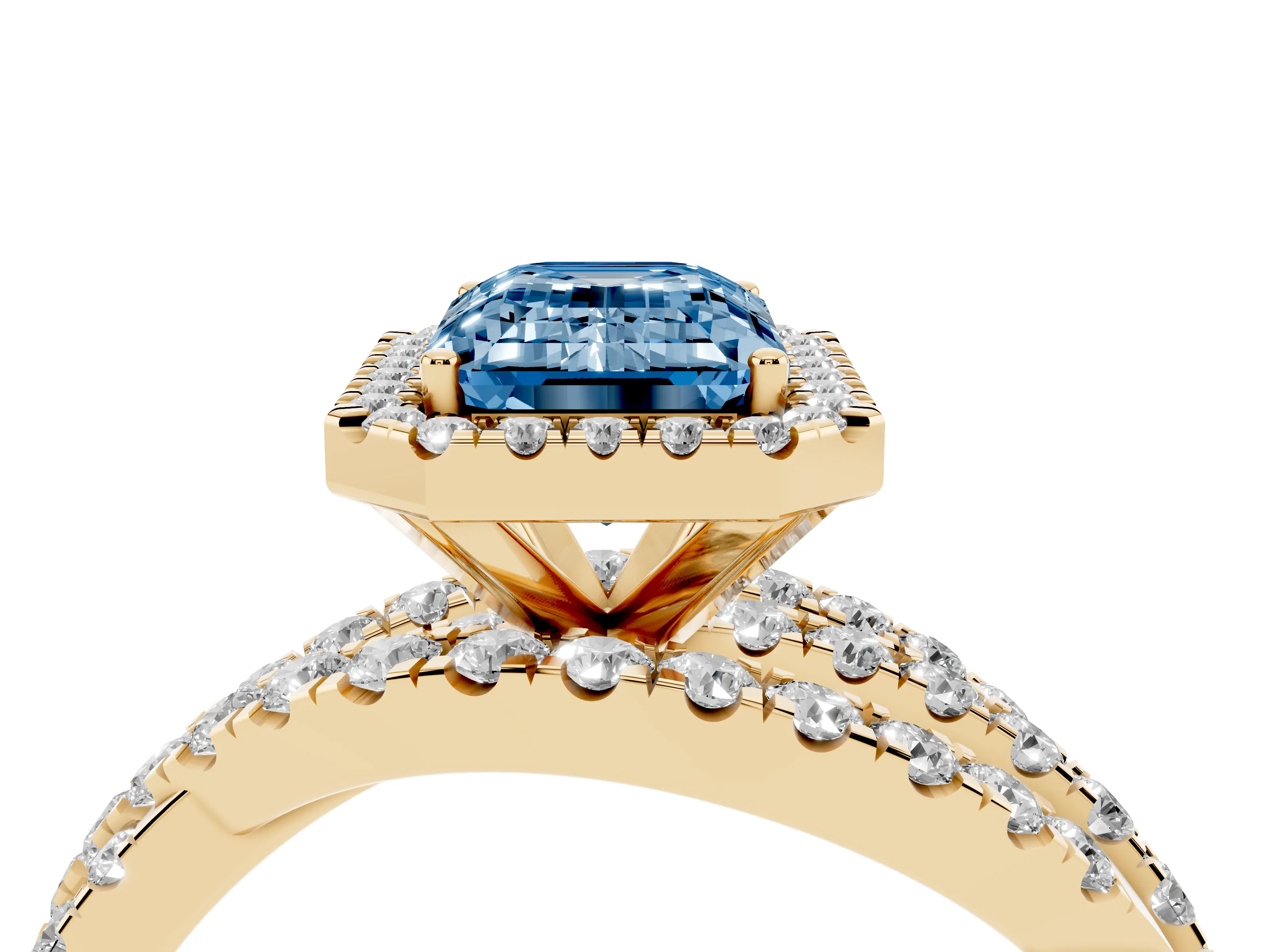 Fancy Blue Emerald Cut Diamond Halo Ring Set in Yellow gold with Round Crossover Split Shank and Prong Setting