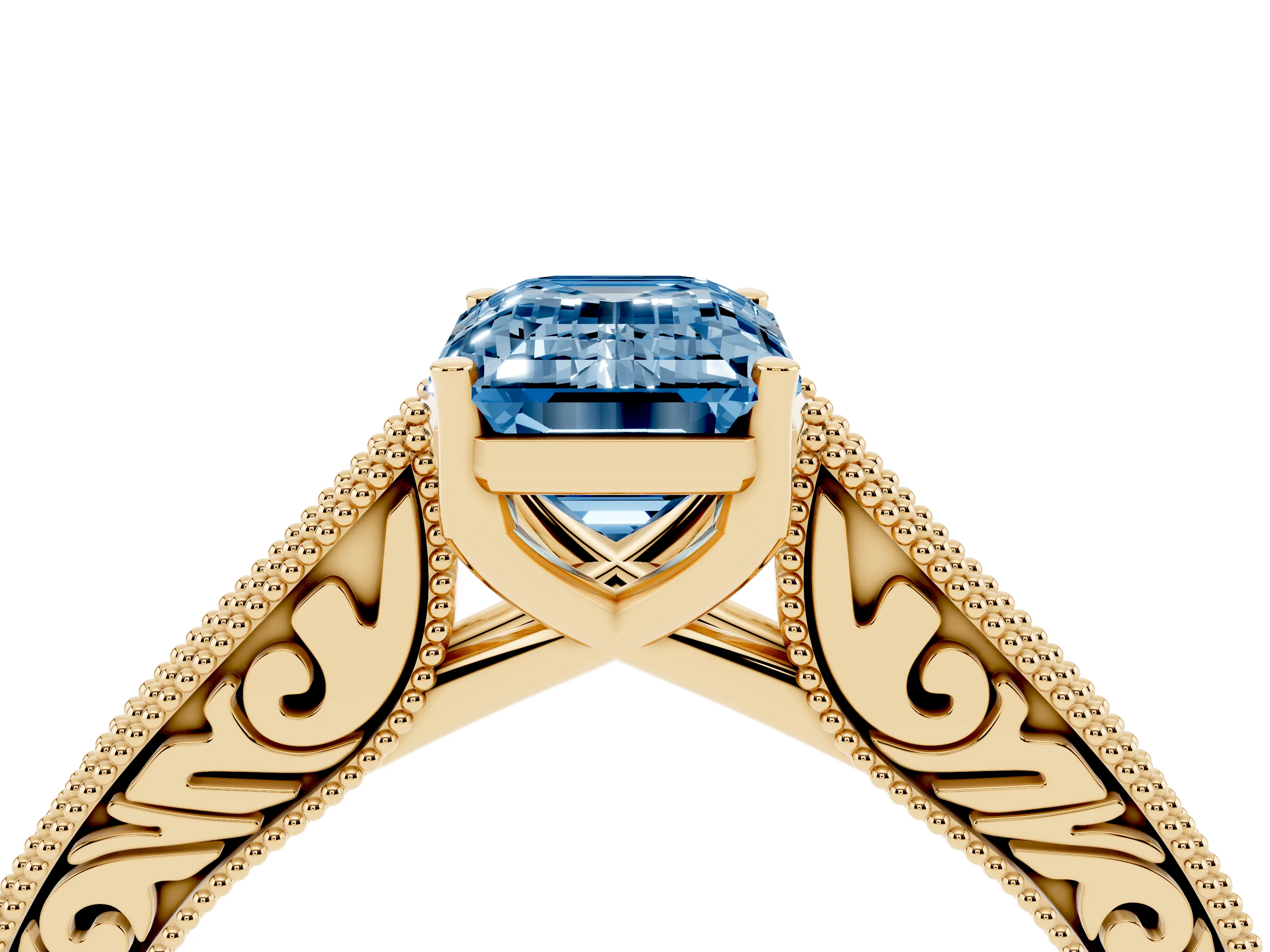 Fancy Blue Emerald Cut Diamond Milgrain Pavé Band Solitaire Ring Set in Yellow gold with Prong Setting