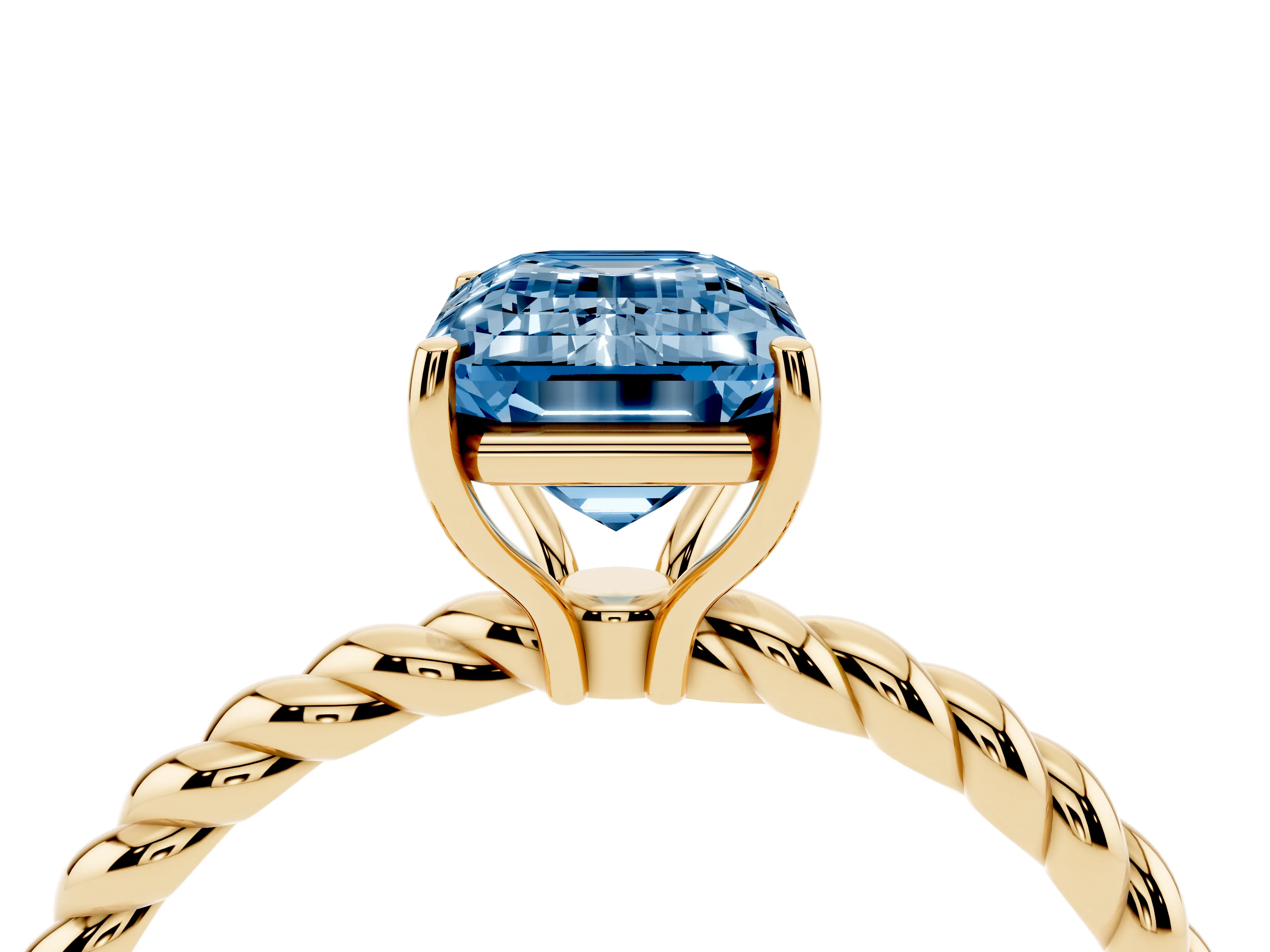 Fancy Blue Emerald Cut Diamond Solitaire Ring Set in Yellow gold with Twist Band and Prong Setting