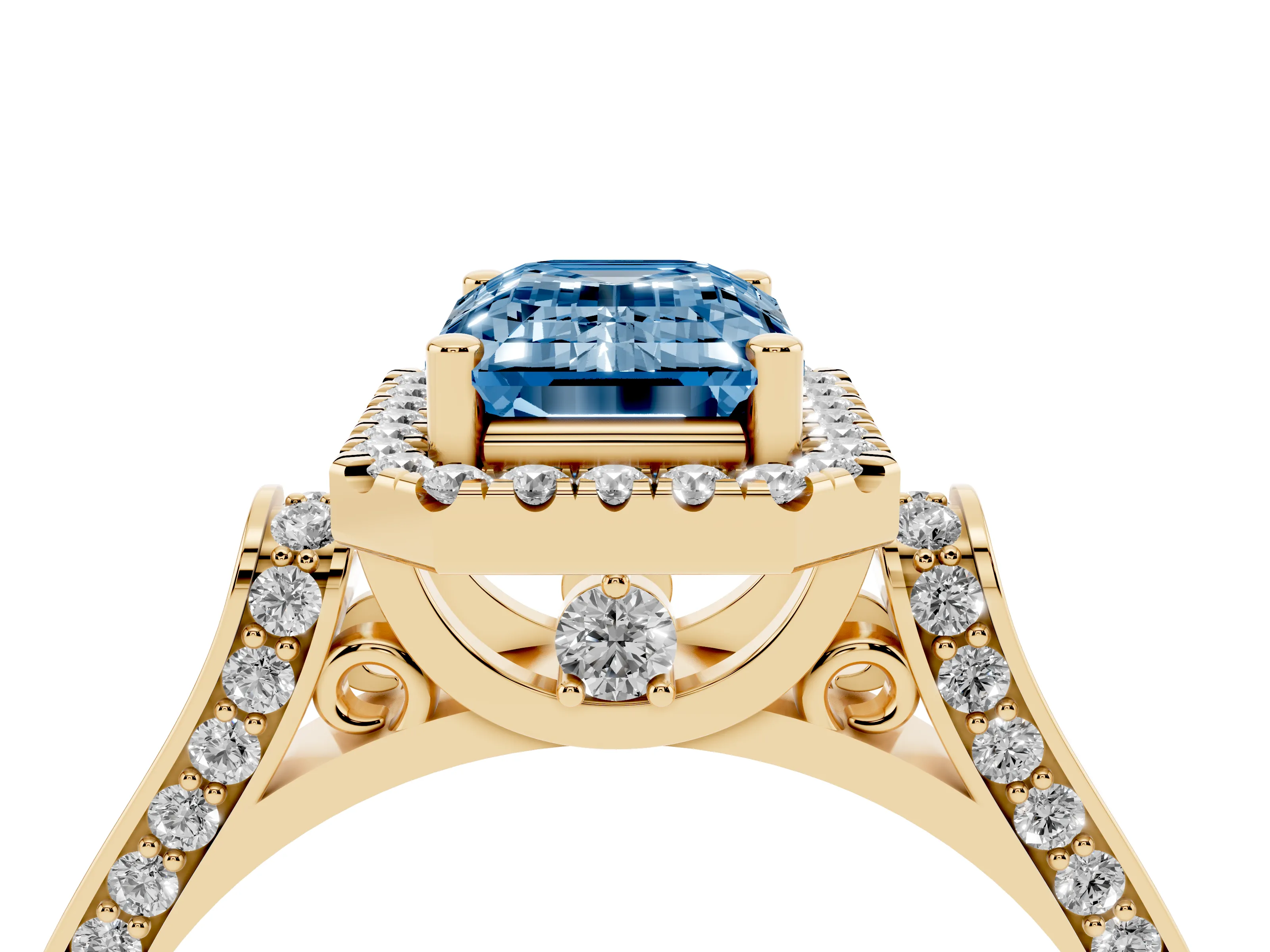 Fancy Blue Emerald Cut Diamond Halo Ring Set in Yellow gold with Pavé-Lined Split Shank Band