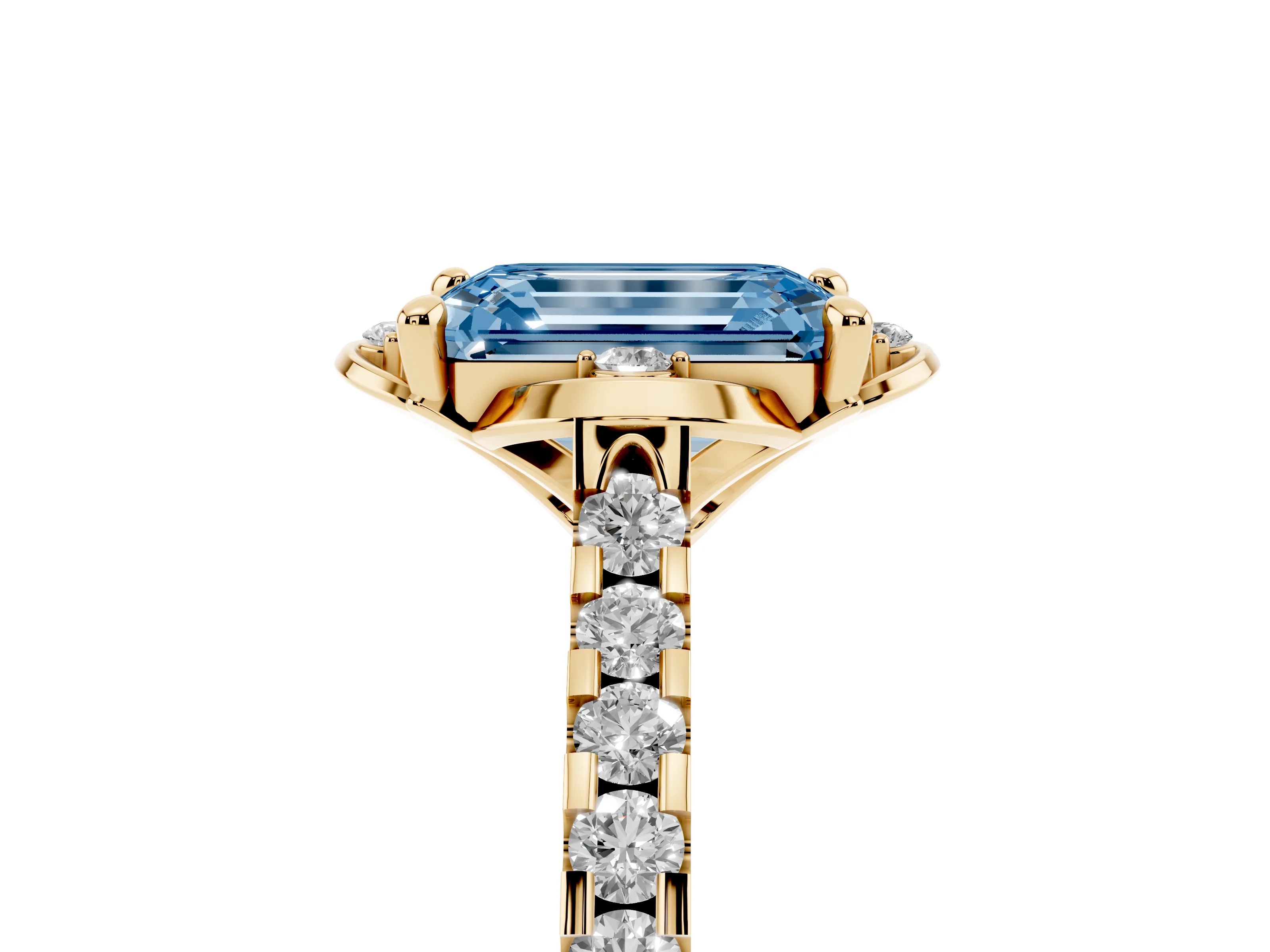 Fancy Blue Emerald Cut Diamond Solitaire Ring Set in Yellow gold with Pavé Band and Floral Prong Setting