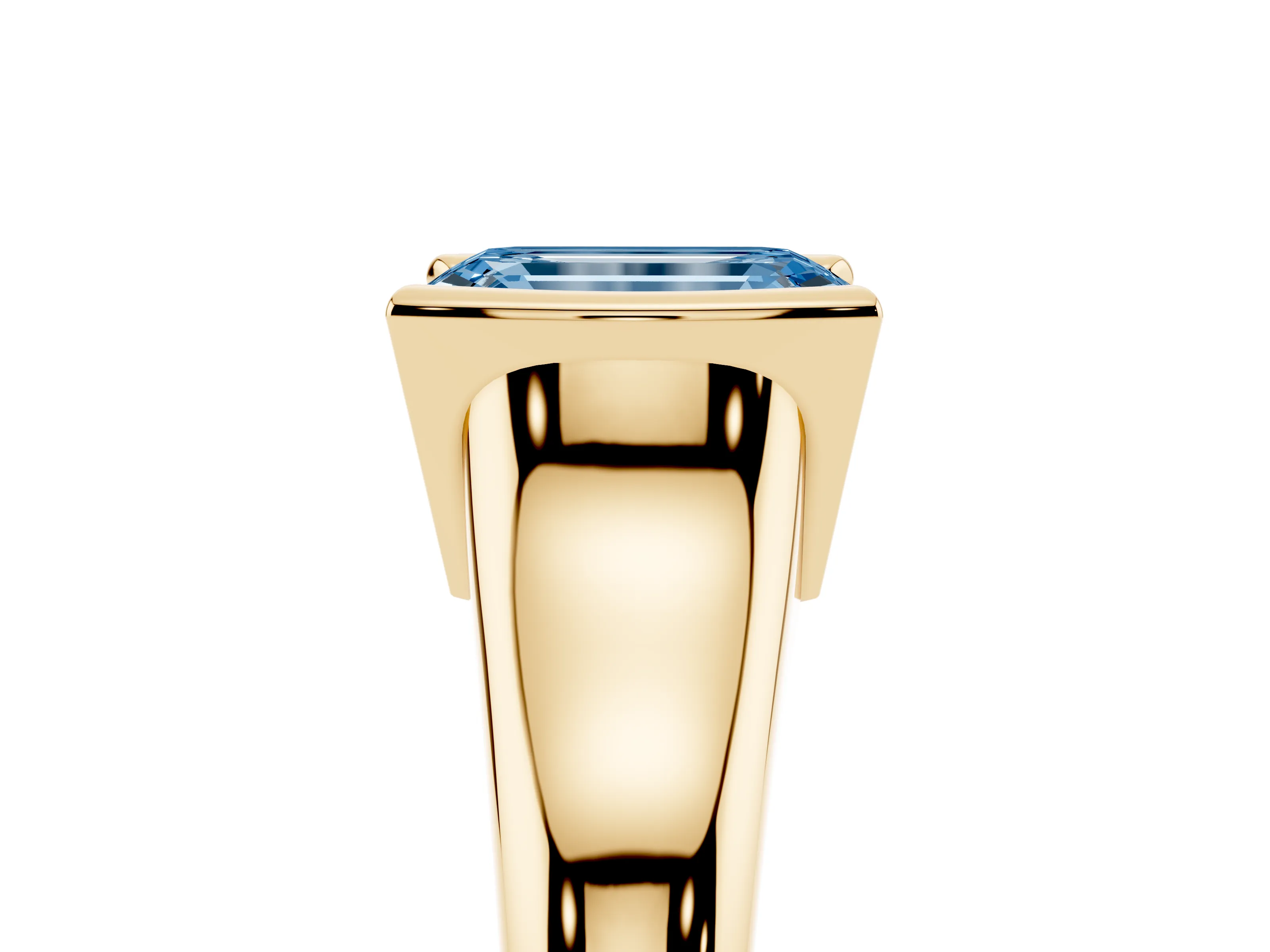 Fancy Blue Emerald Cut Diamond Solitaire Tension Set Ring Set in Yellow gold with Split Shank Band