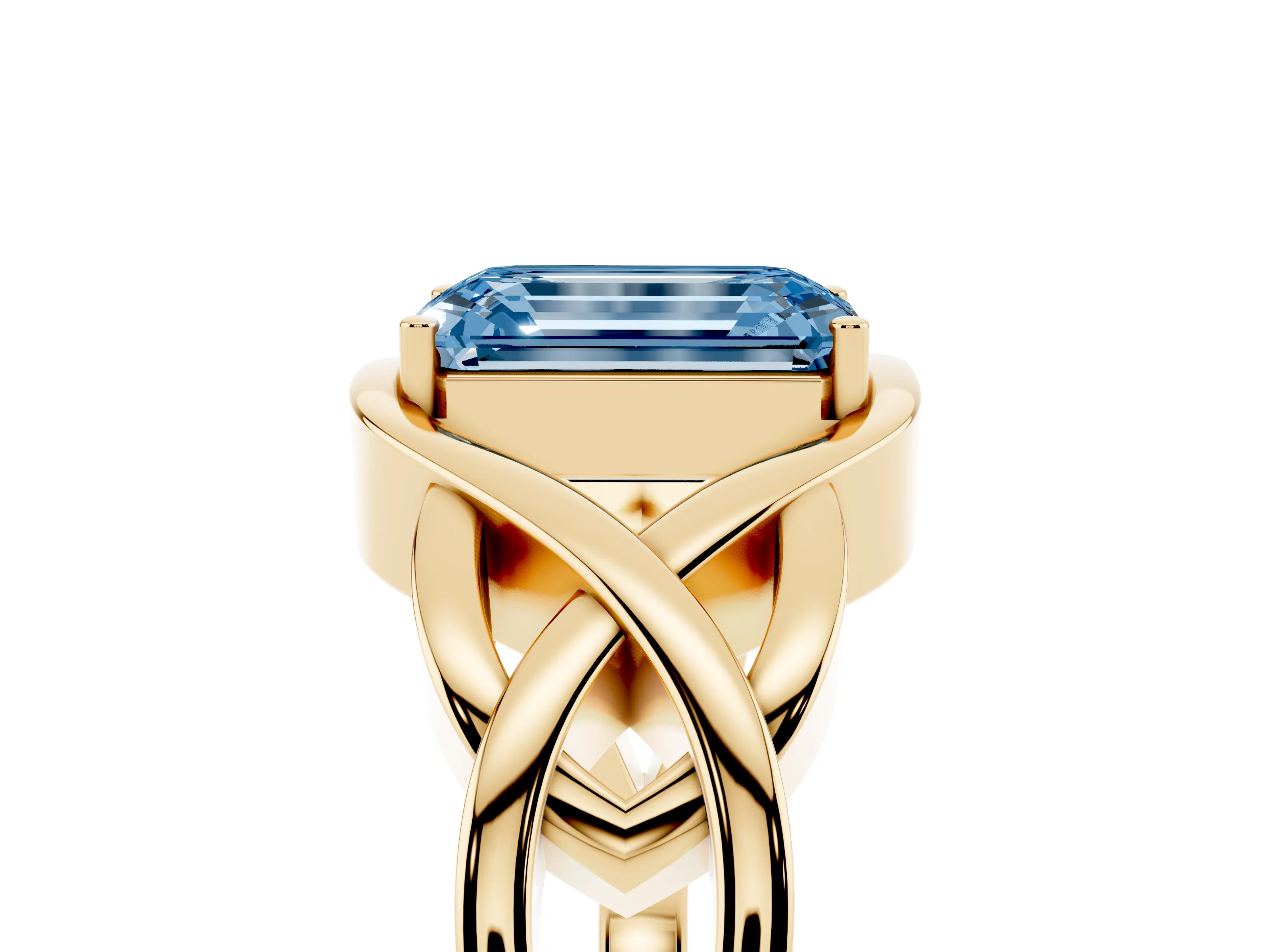 Fancy Blue Emerald Cut Diamond Solitaire Ring Set in Yellow gold with Intertwined Band