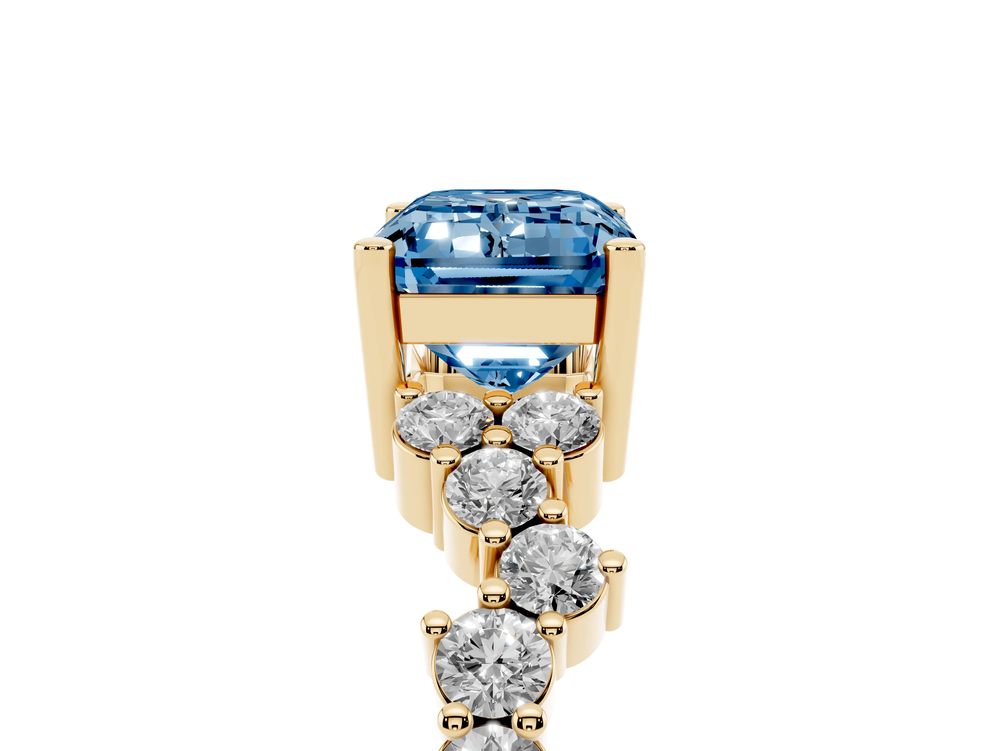 Fancy Blue Emerald Cut Diamond Ring Set in Yellow gold with Scattered Round Accents
