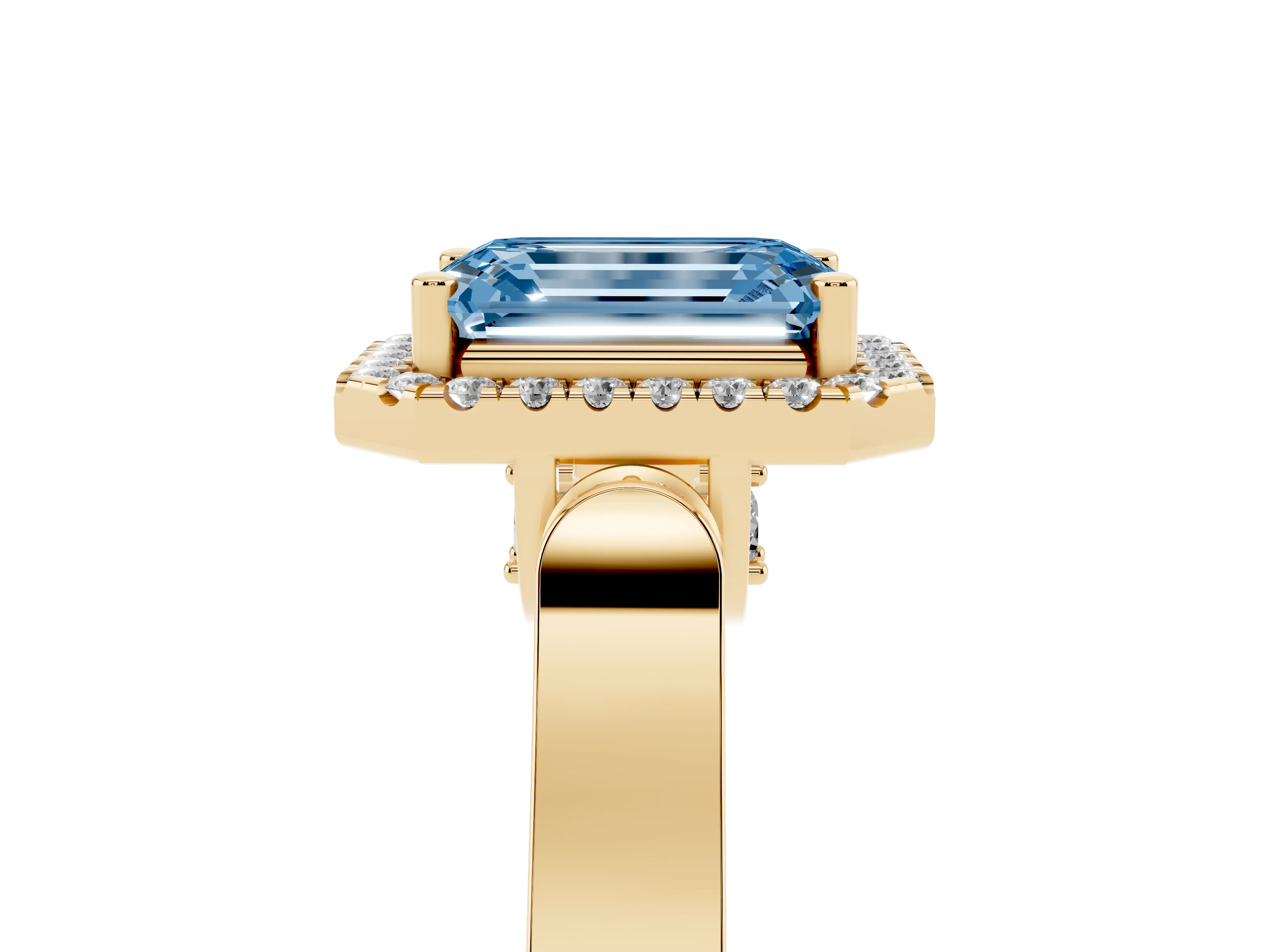 Fancy Blue Emerald Cut Diamond Halo Ring Set in Yellow gold with Pavé-Lined Split Shank Band