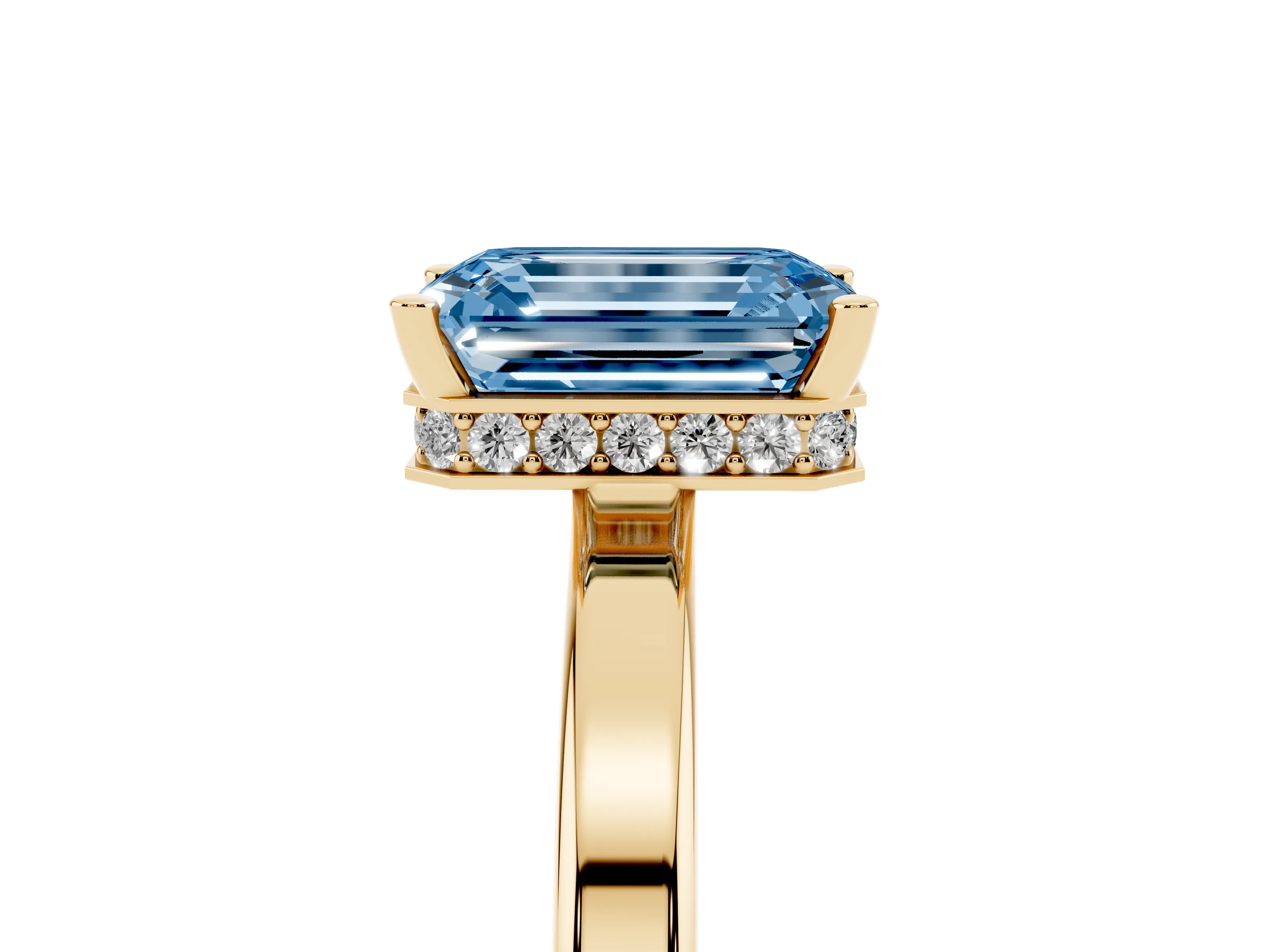 Fancy Blue Emerald Cut Diamond Solitaire Engagement Ring Set in Yellow gold with Prong Setting on a Plain Band