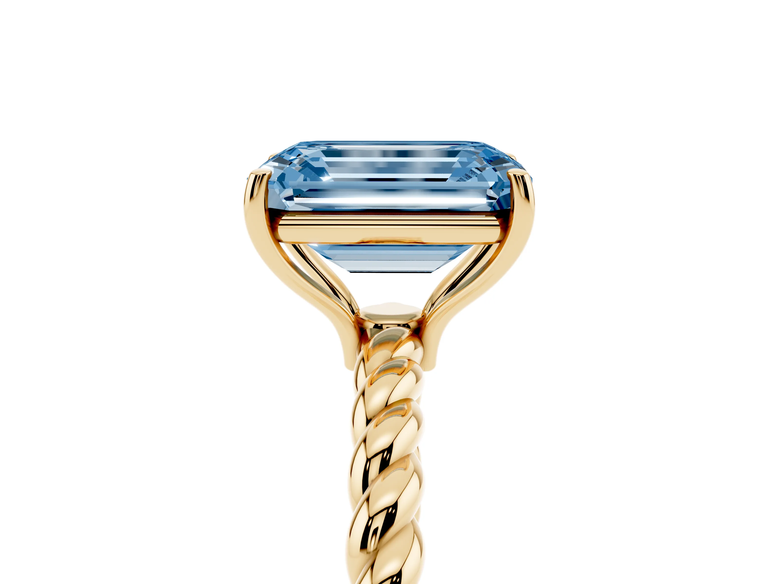 Fancy Blue Emerald Cut Diamond Solitaire Ring Set in Yellow gold with Twist Band and Prong Setting