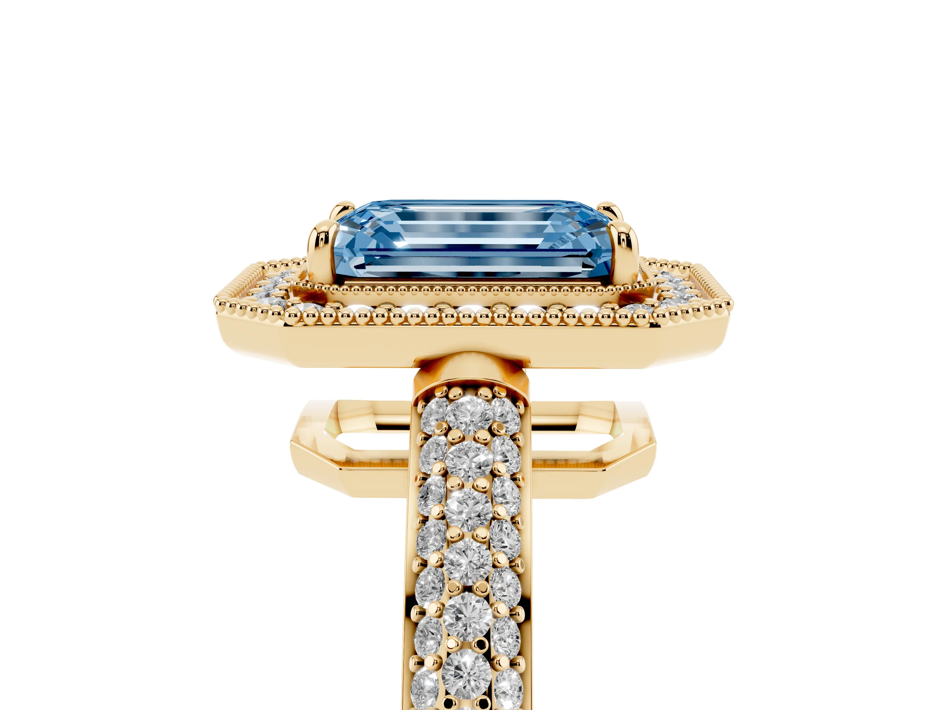 Fancy Blue Emerald Cut Diamond Halo Pavé Band Set in Yellow gold with Prong Setting